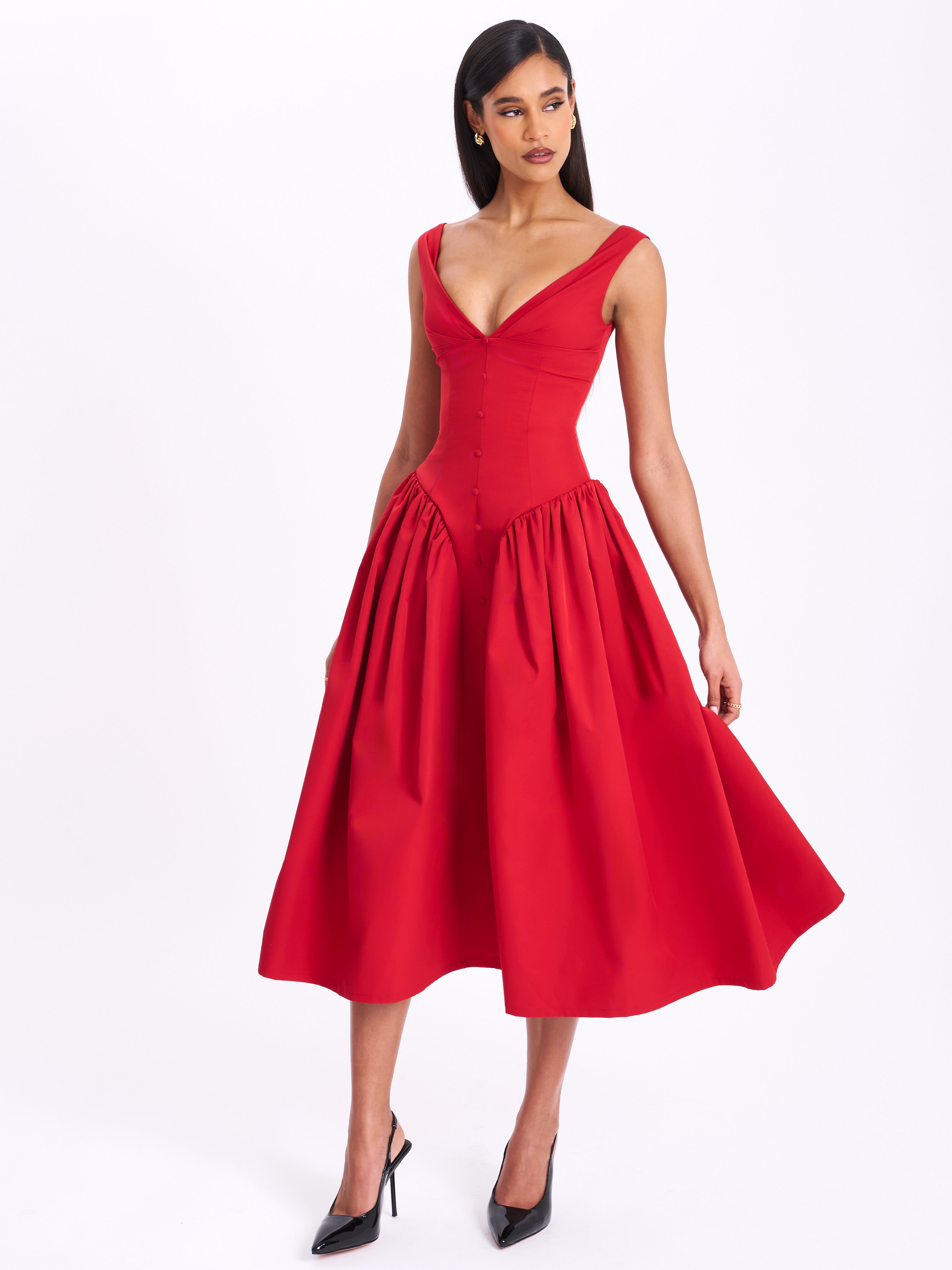 Nahla Red Drop Waist Midi Dress with Buttons