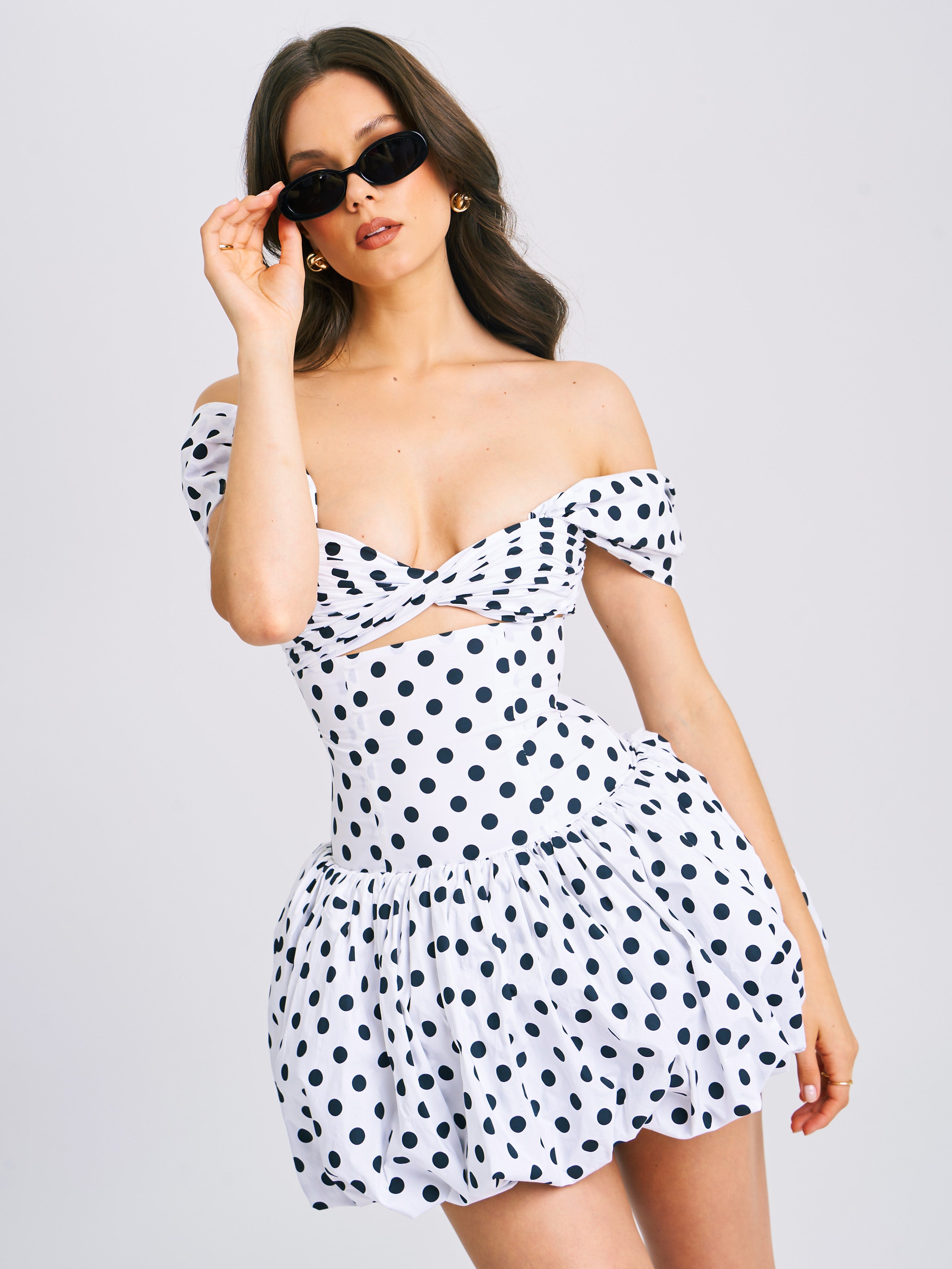 Umika White Polka Dots Bubble Hem Mini Dress