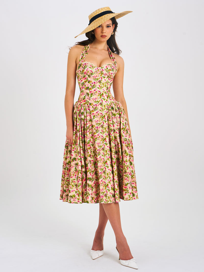 Niya Floral Print Linen Halter Corset Maxi Dress