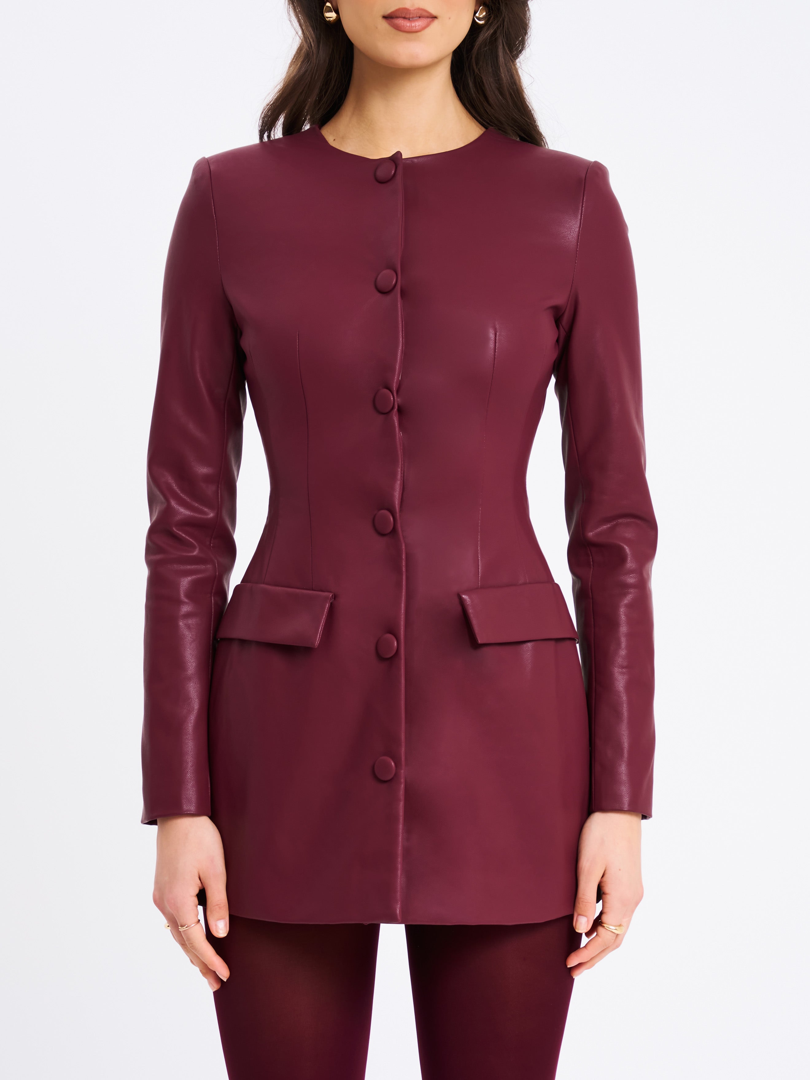 Baila Burgundy Vegan Leather Blazer Mini Dress