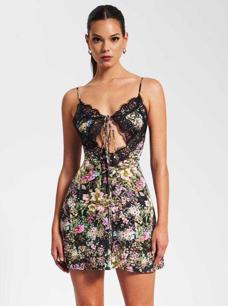 Tehila Floral Print Satin Mini Dress With Lace Trim – Miss Circle