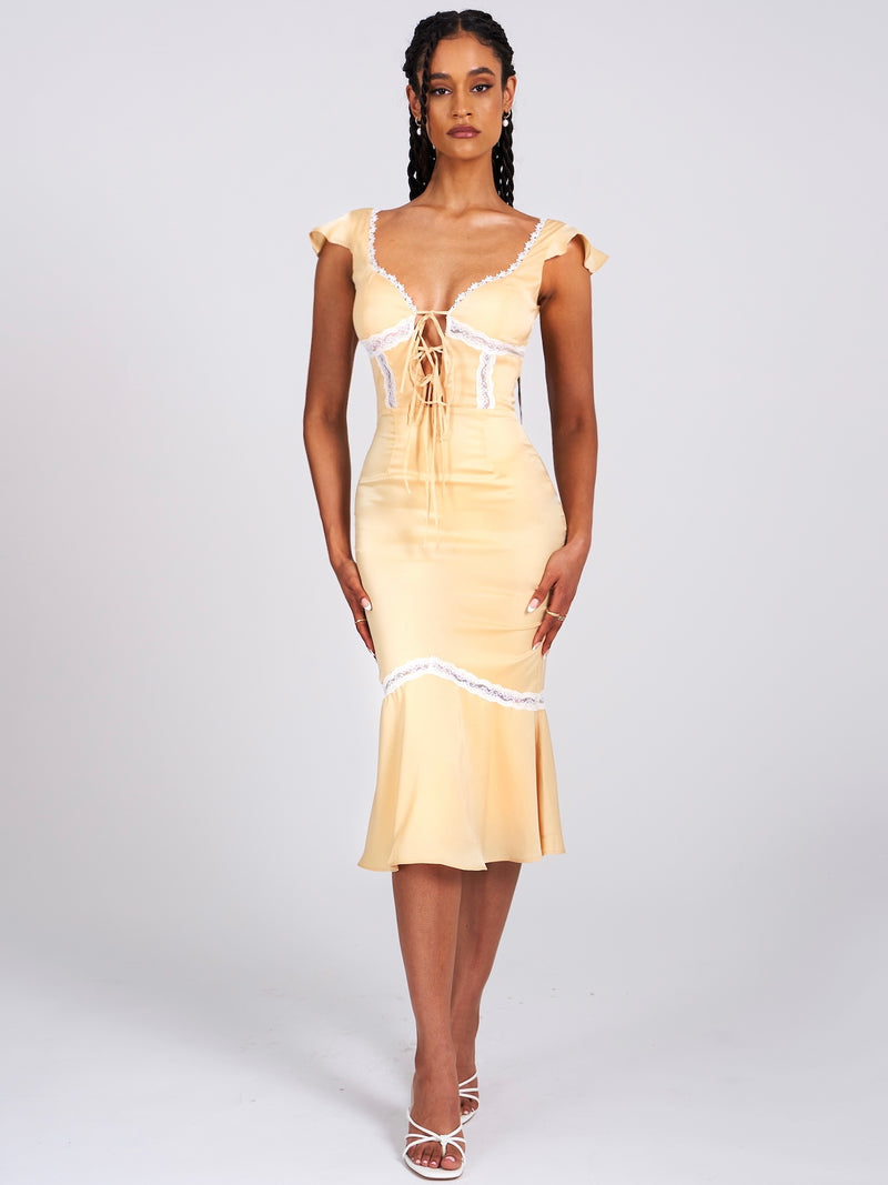 Zora Yellow Satin Lace Up Flare Midi Dress With Lace Details