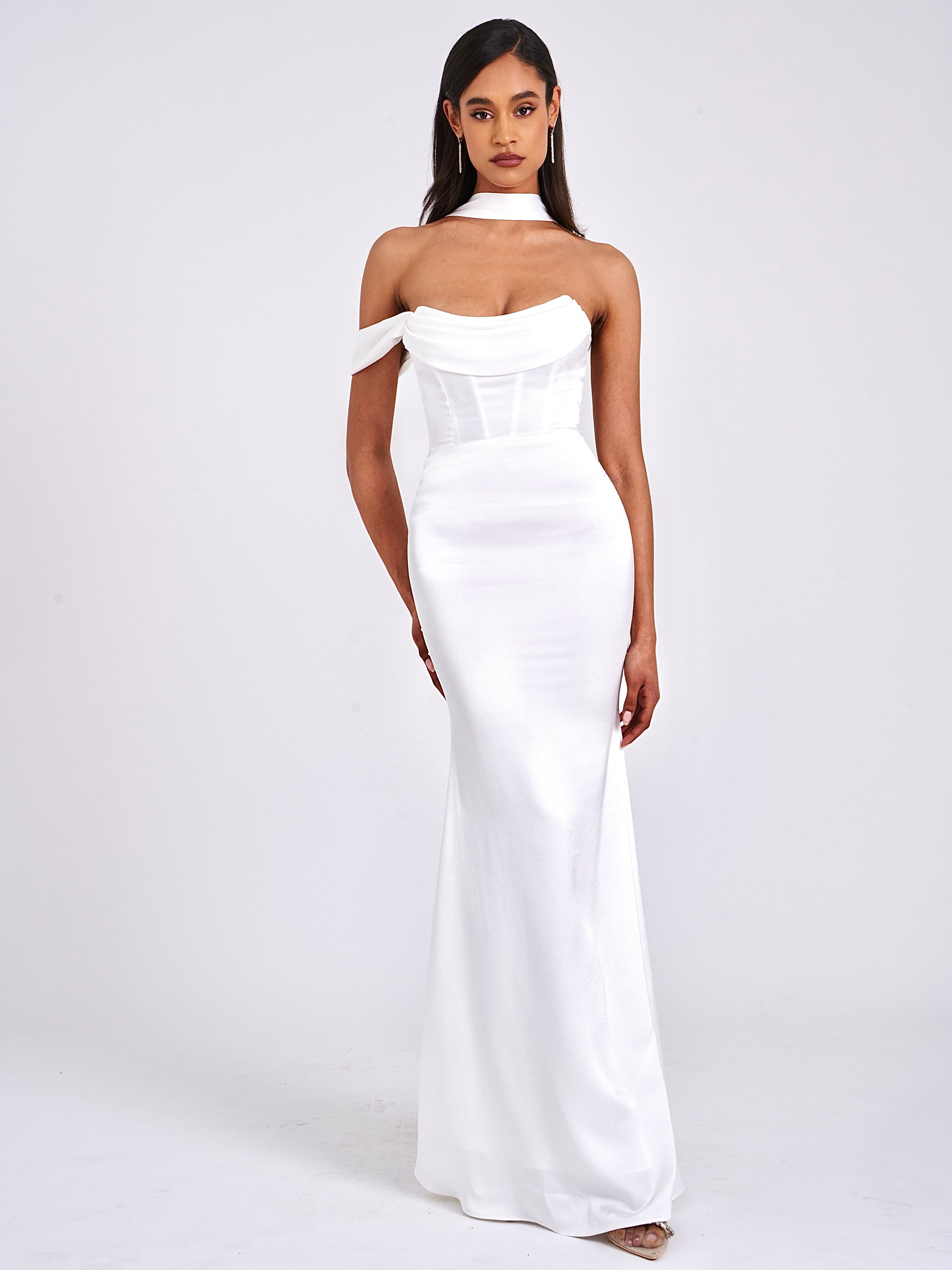 Ivona White Halter Neck Double Duchess Satin Gown