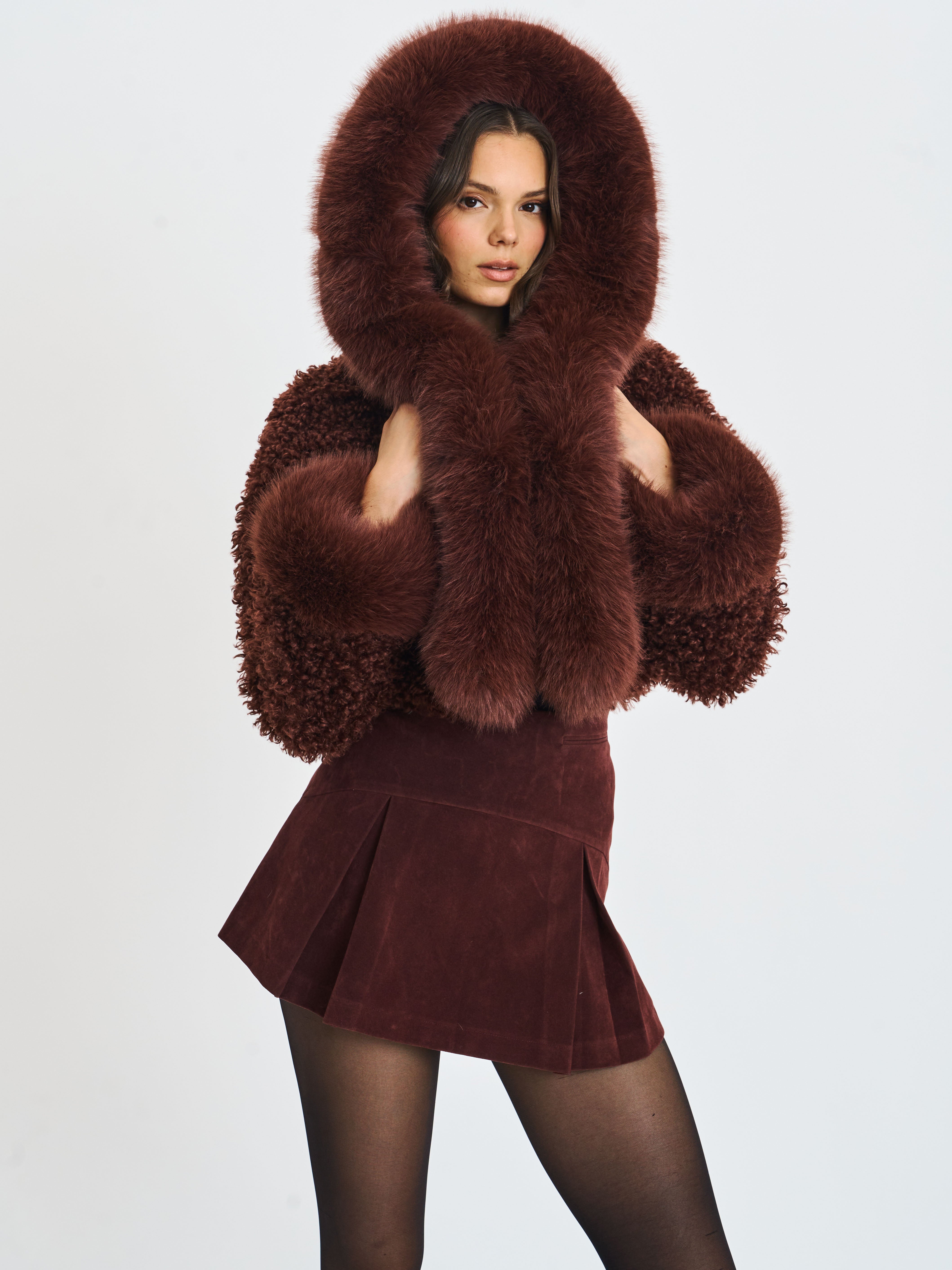 Kali Mahogany Cropped Vegan Shearling Fur Jacket