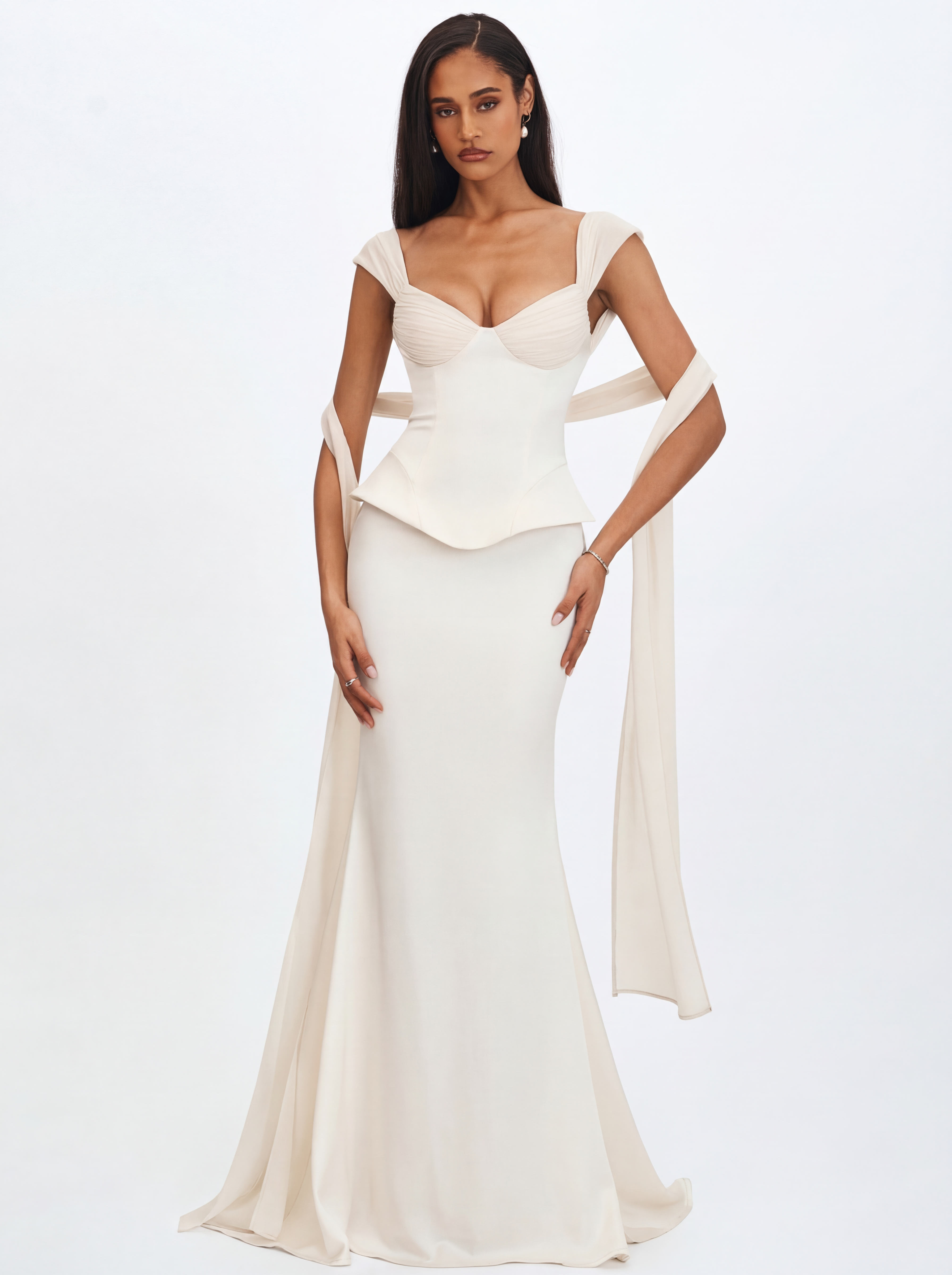 Jessalyn Ivory Sweetheart Peplum Mermaid Wedding Dress with Chiffon Scarf (PREORDER)