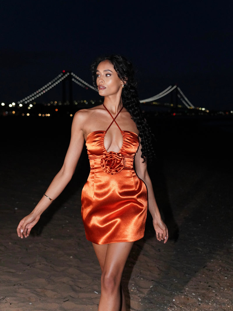 Marcia Orange Satin Strappy Halter Neck Dress – Miss Circle