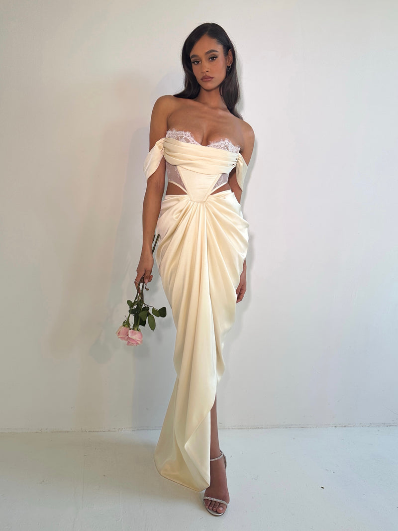 Umbrielle Pearl White Lace Satin Corset Off Shoulder Gown – Miss