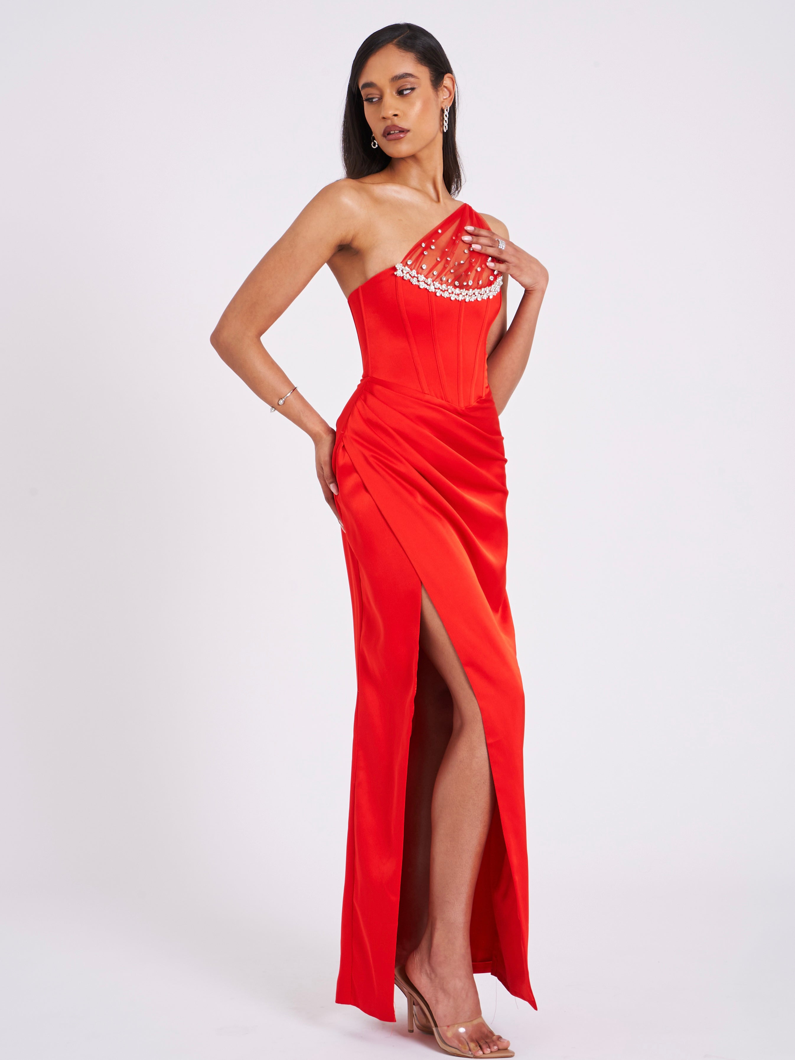 Lora Scarlet Crystal Embellished Mesh Satin Corset Gown