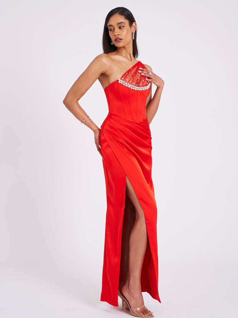 Lora Scarlet Crystal Embellished Mesh Satin Corset Gown – Miss Circle