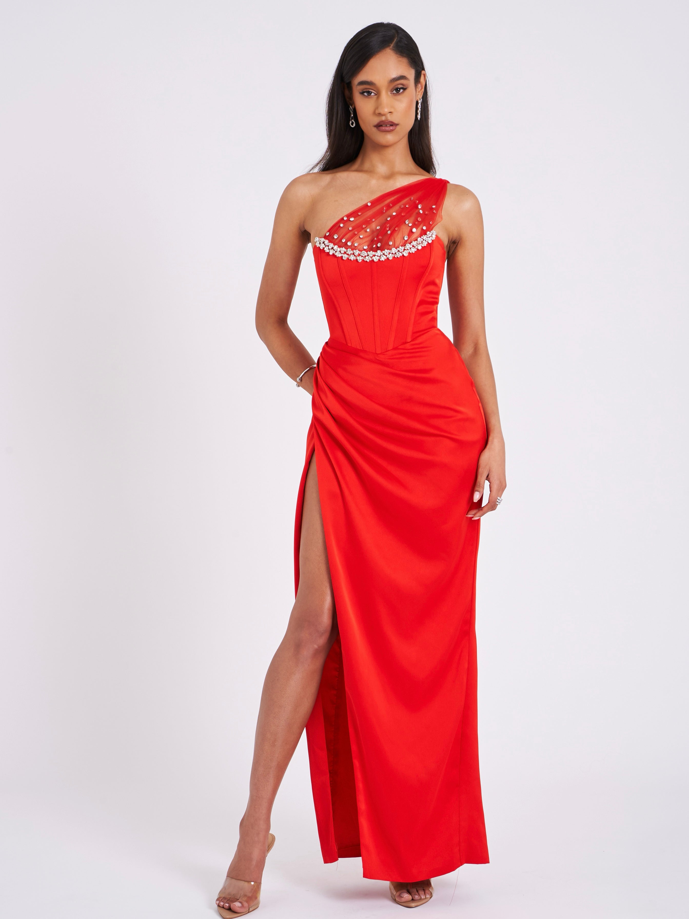 Lora Scarlet Crystal Embellished Mesh Satin Corset Gown