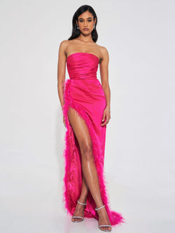 Perrin Fuchsia Pink Feather Dress High Slit Gown