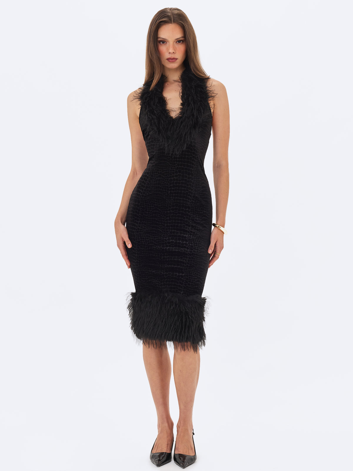 Onalee Black Croc-Embossed Velvet Fur Midi Dress