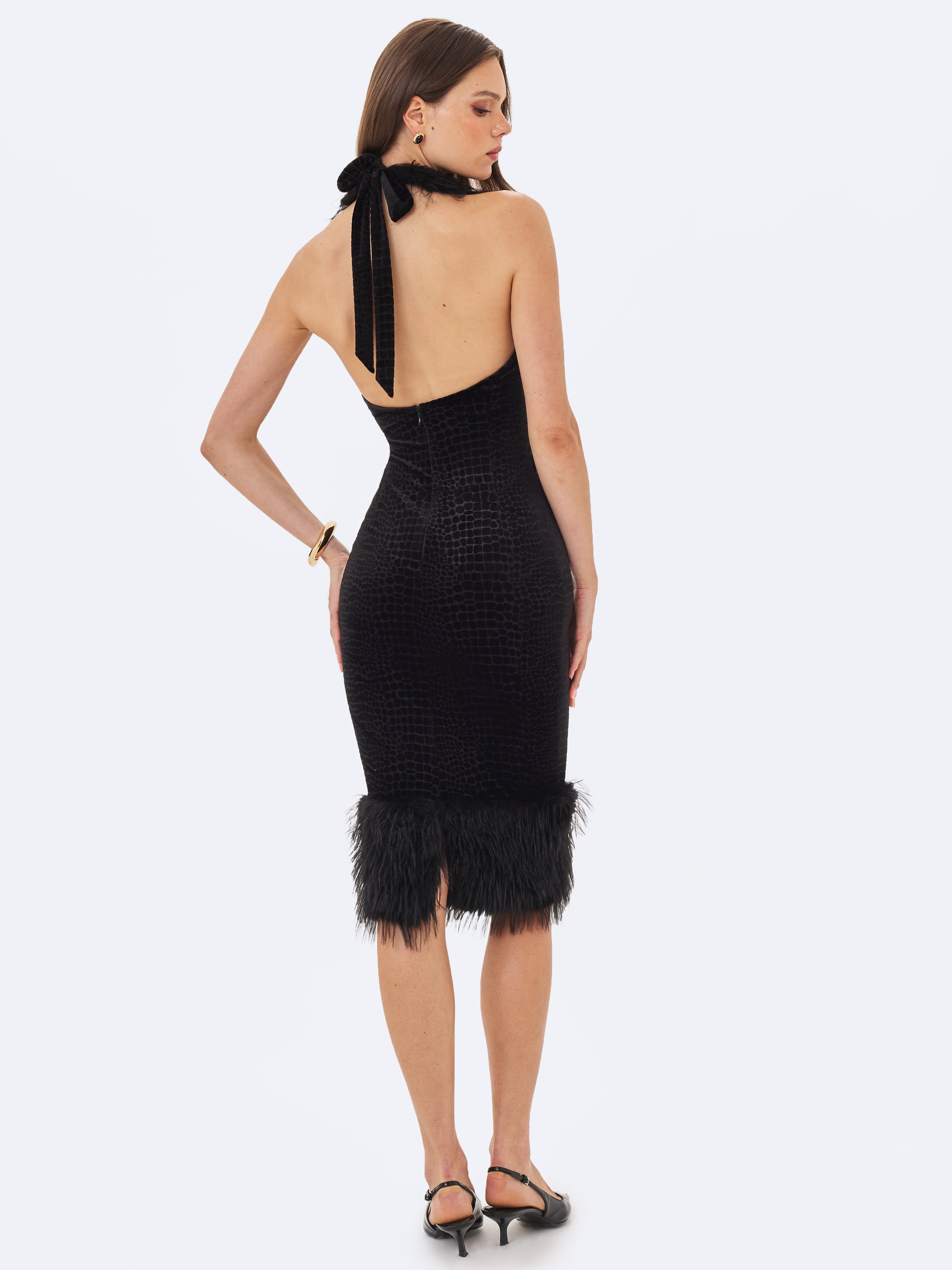 Onalee Black Croc-Embossed Velvet Fur Midi Dress