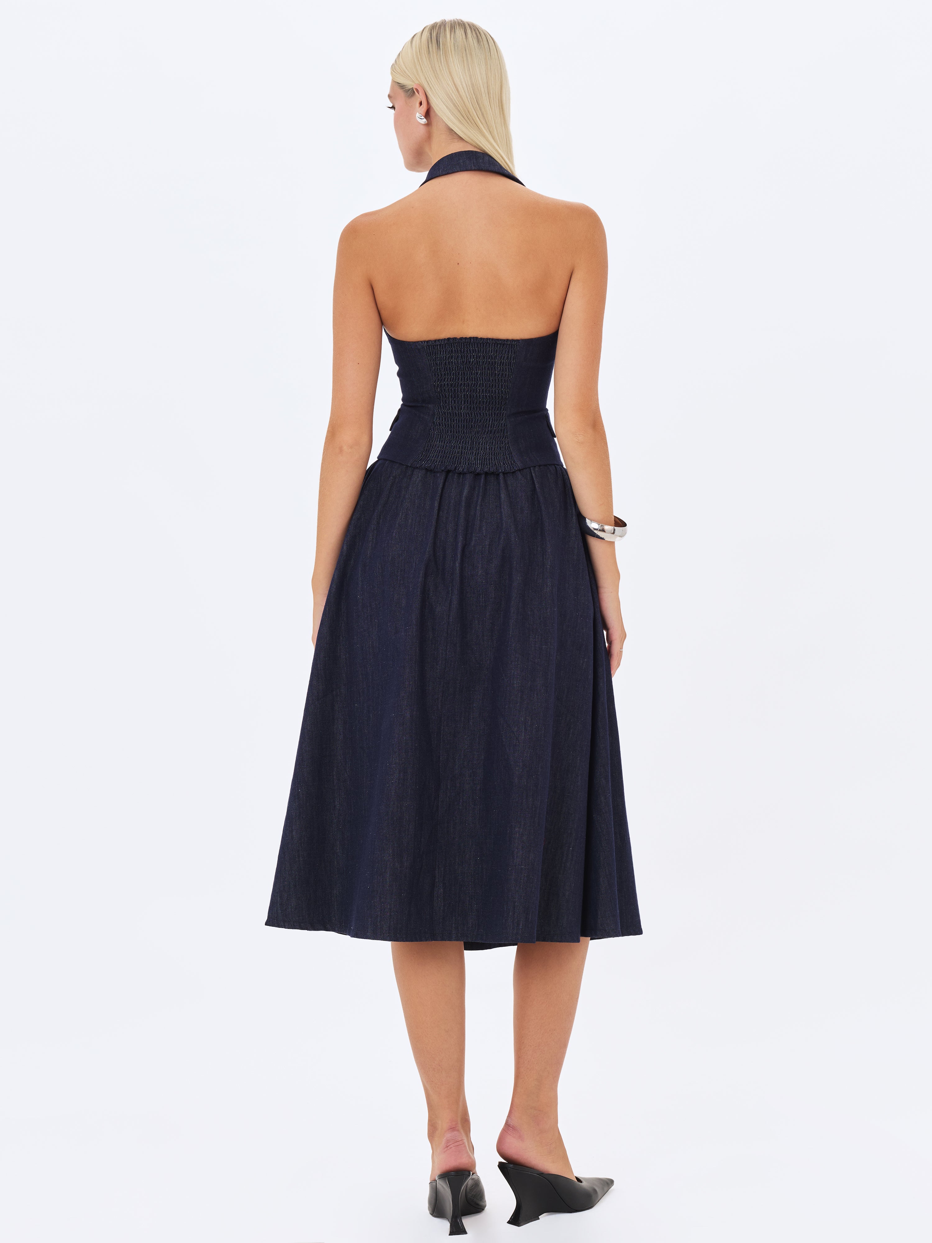 Maevie Indigo Denim Gathered A-Line Midi Skirt