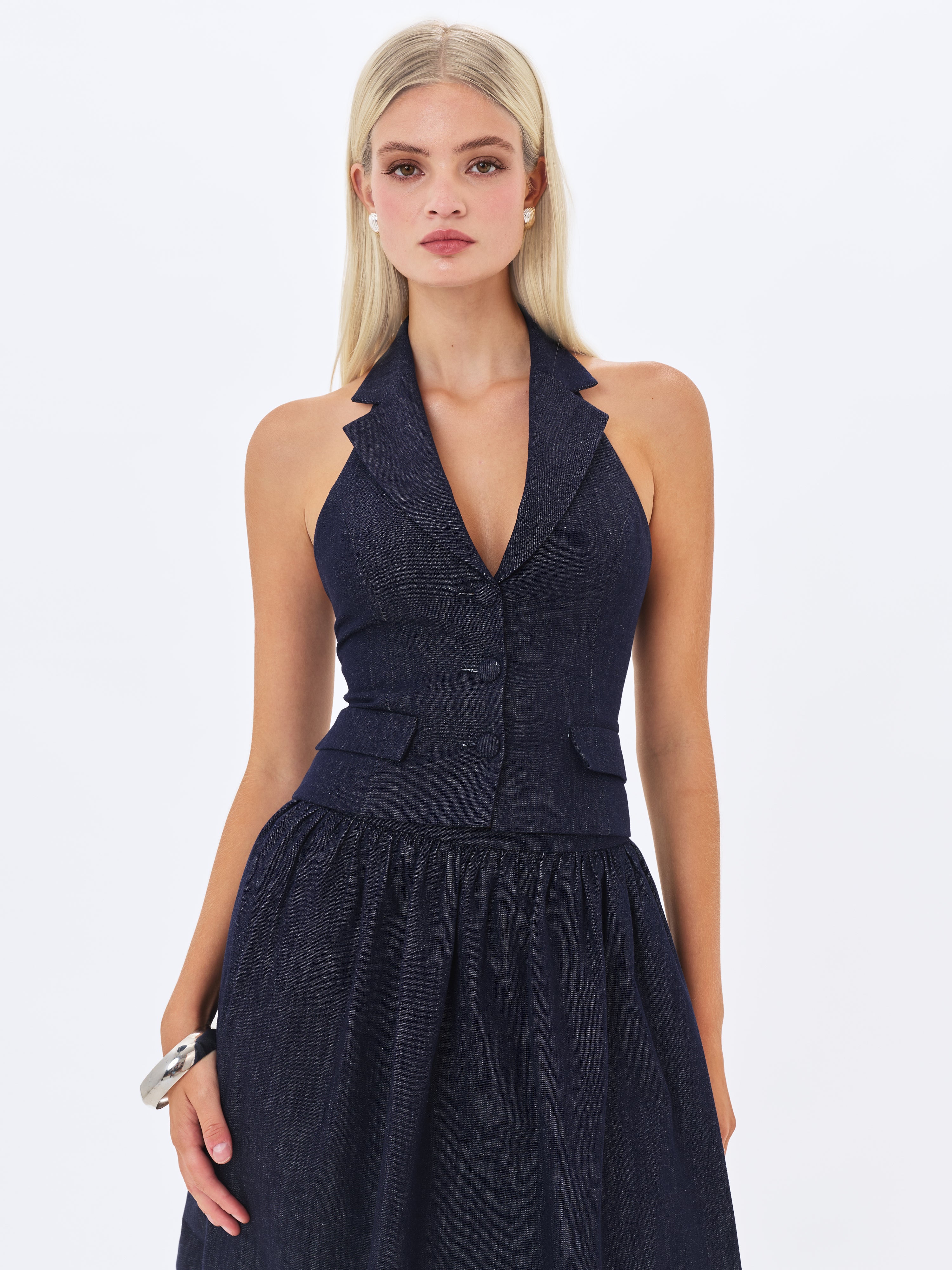 Mavis Indigo Denim Halter Single-Breasted Lapel Top