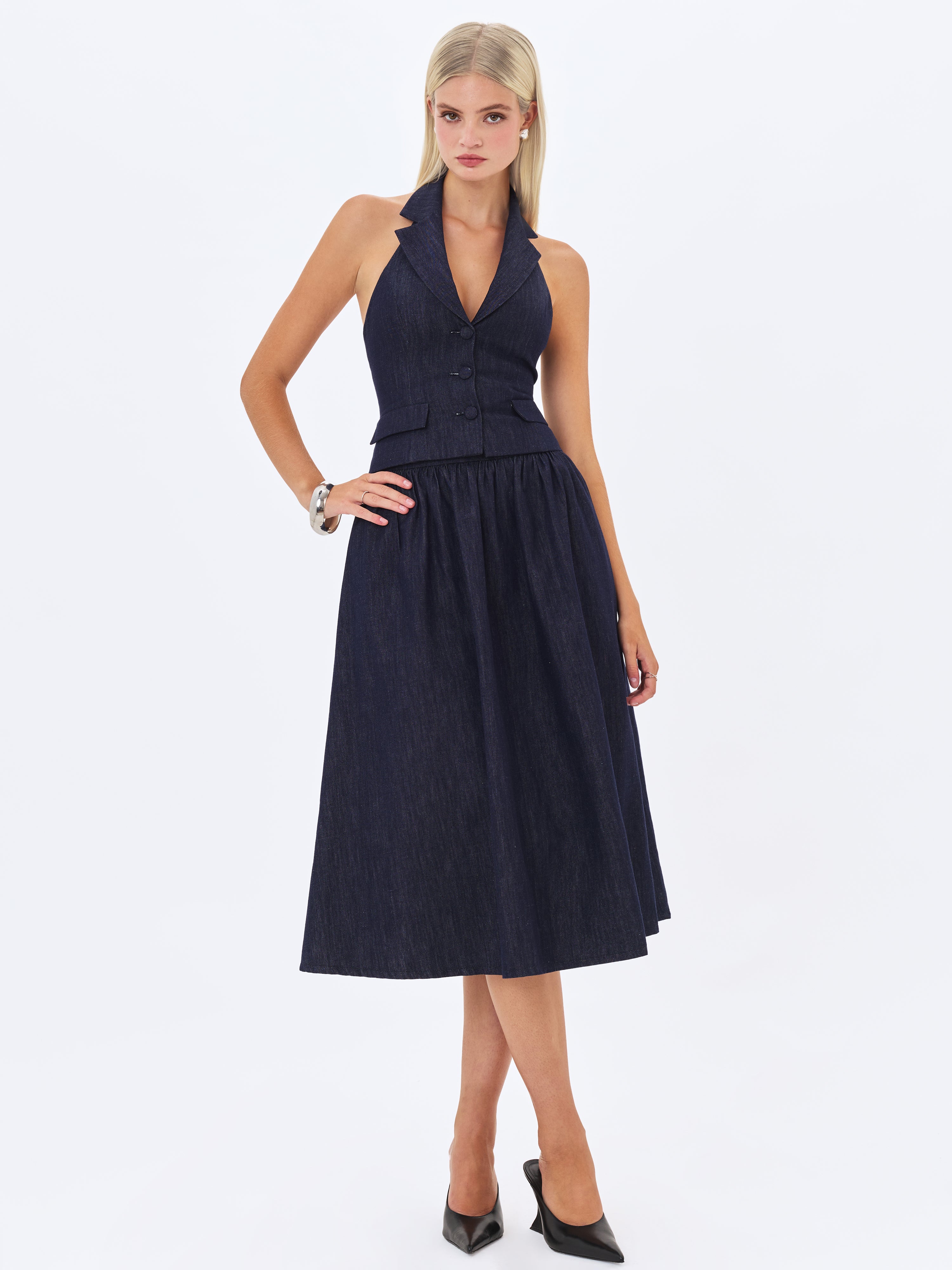 Maevie Indigo Denim Gathered A-Line Midi Skirt