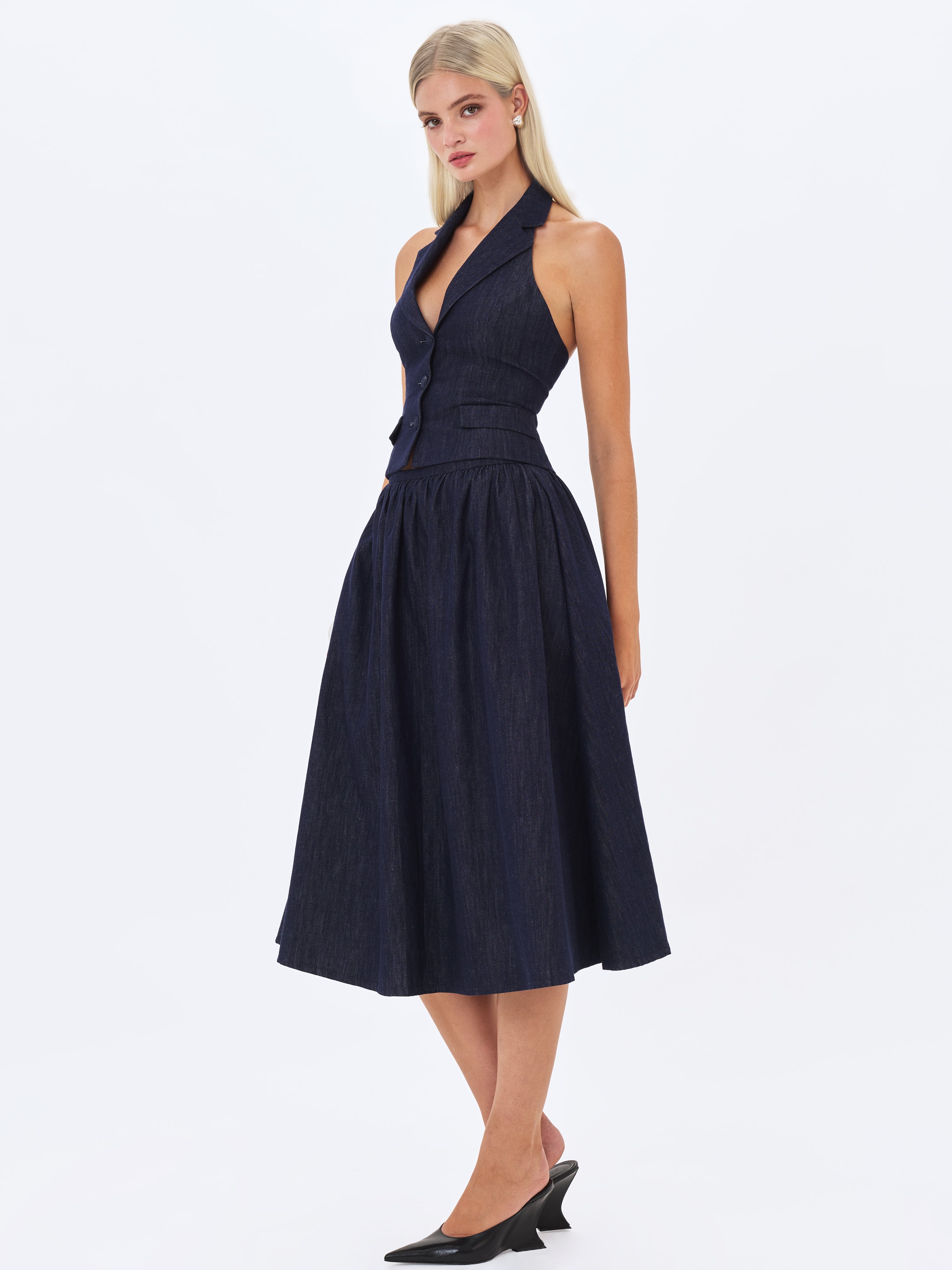 Maevie Indigo Denim Gathered A-Line Midi Skirt