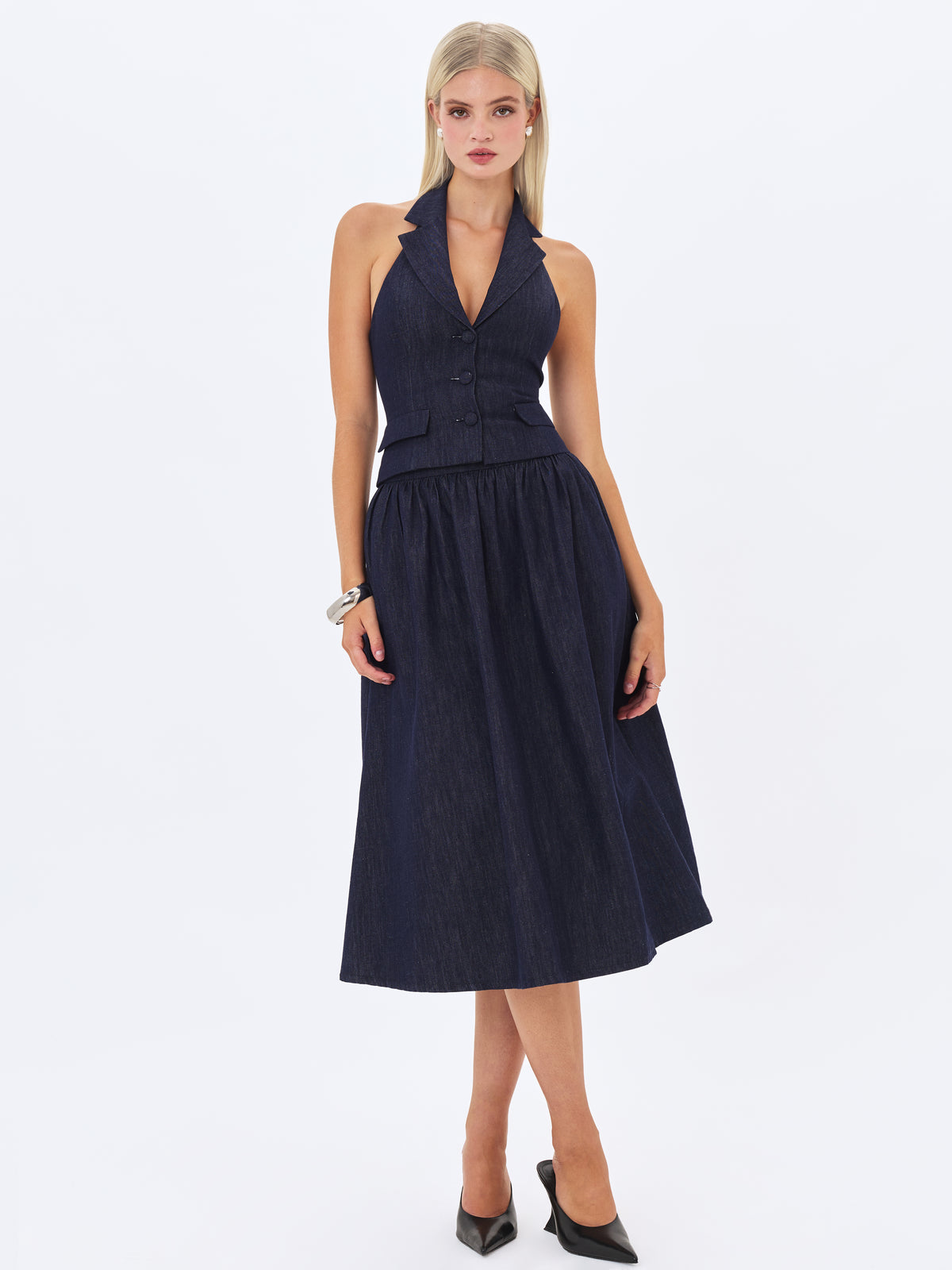 Maevie Indigo Denim Gathered A-Line Midi Skirt