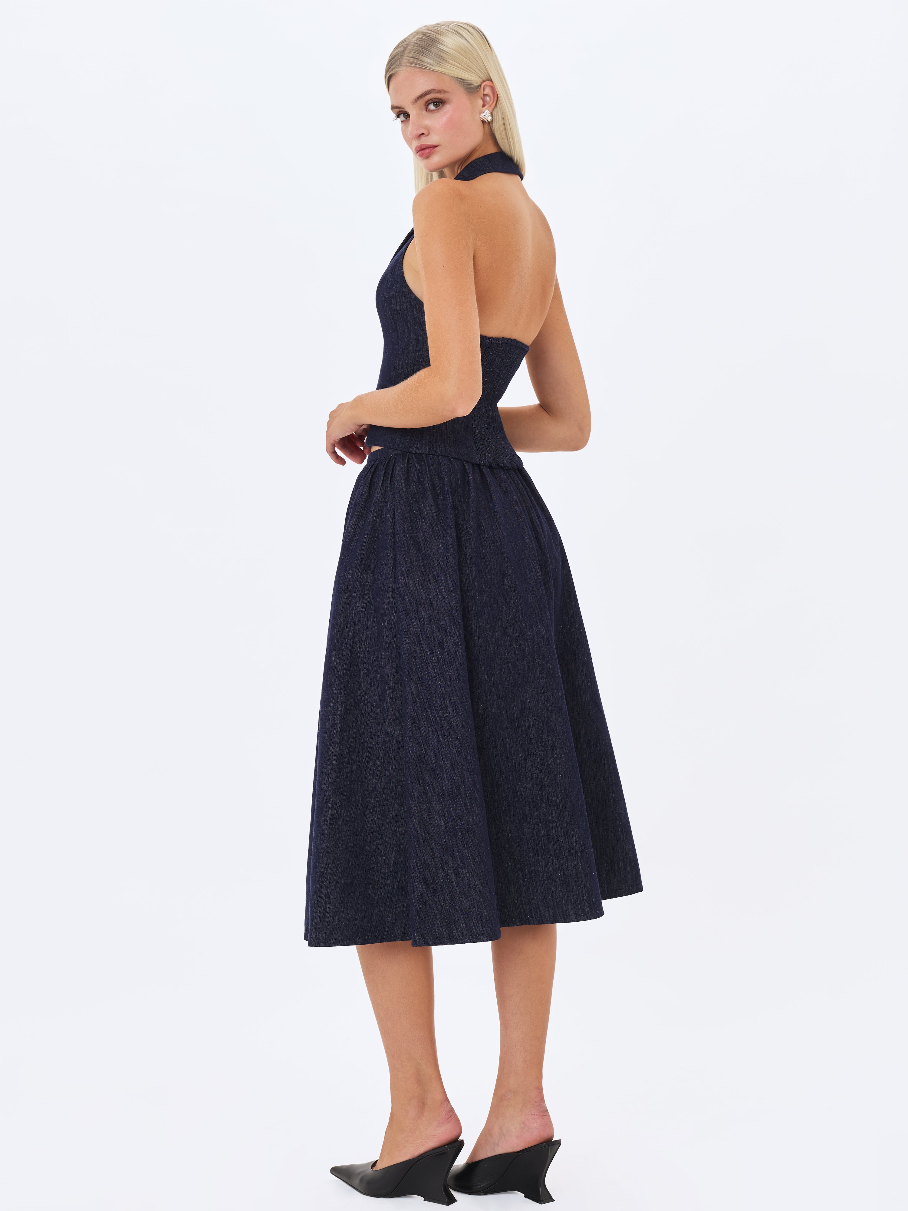 Maevie Indigo Denim Gathered A-Line Midi Skirt