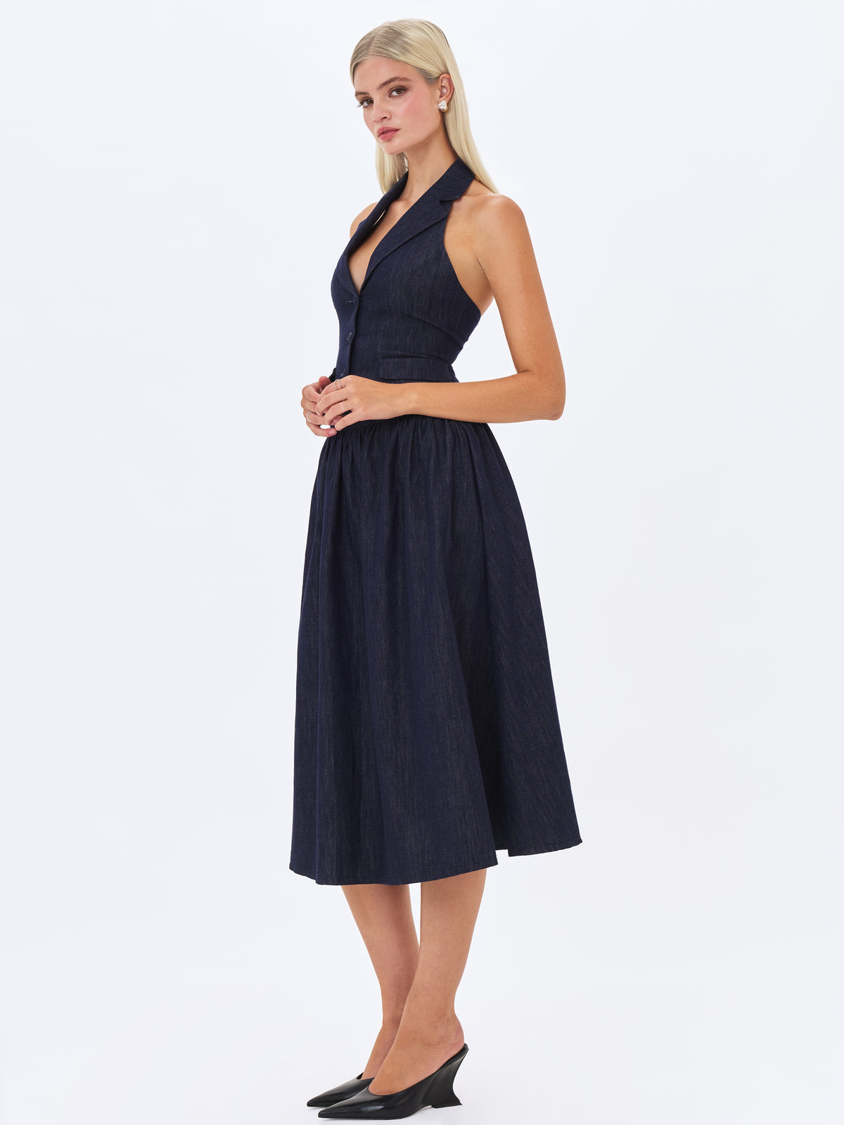 Maevie Indigo Denim Gathered A-Line Midi Skirt