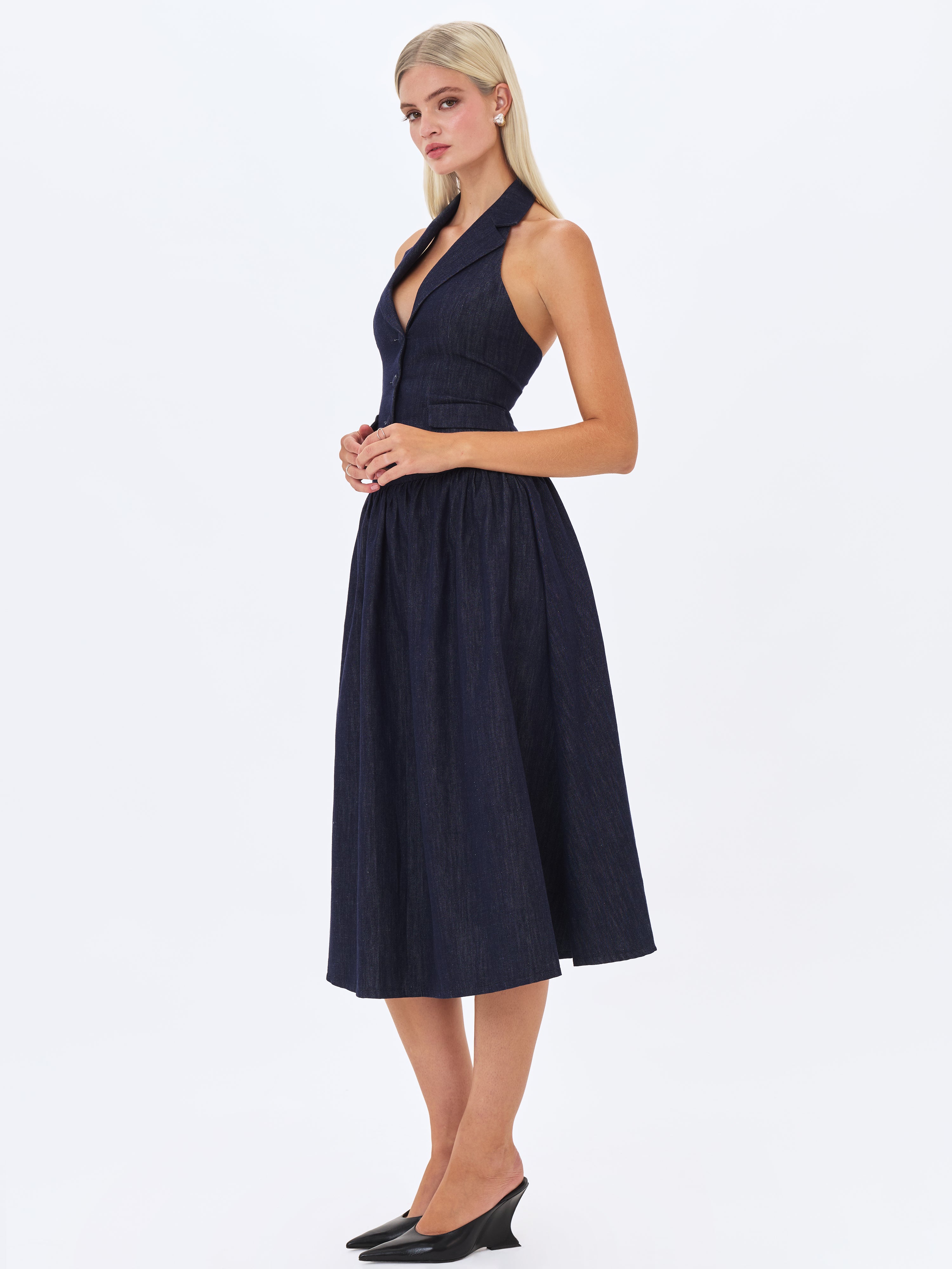 Mavis Indigo Denim Halter Single-Breasted Lapel Top