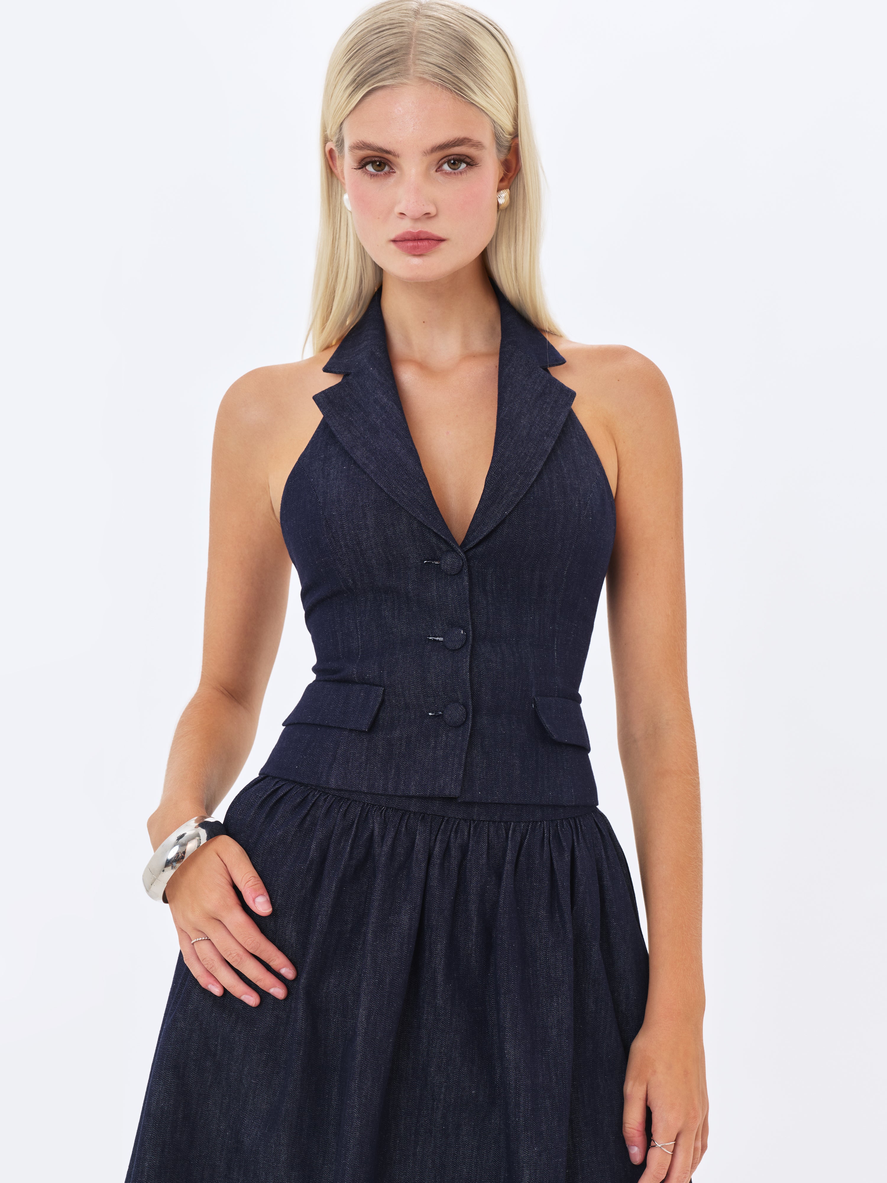 Mavis Indigo Denim Halter Single-Breasted Lapel Top