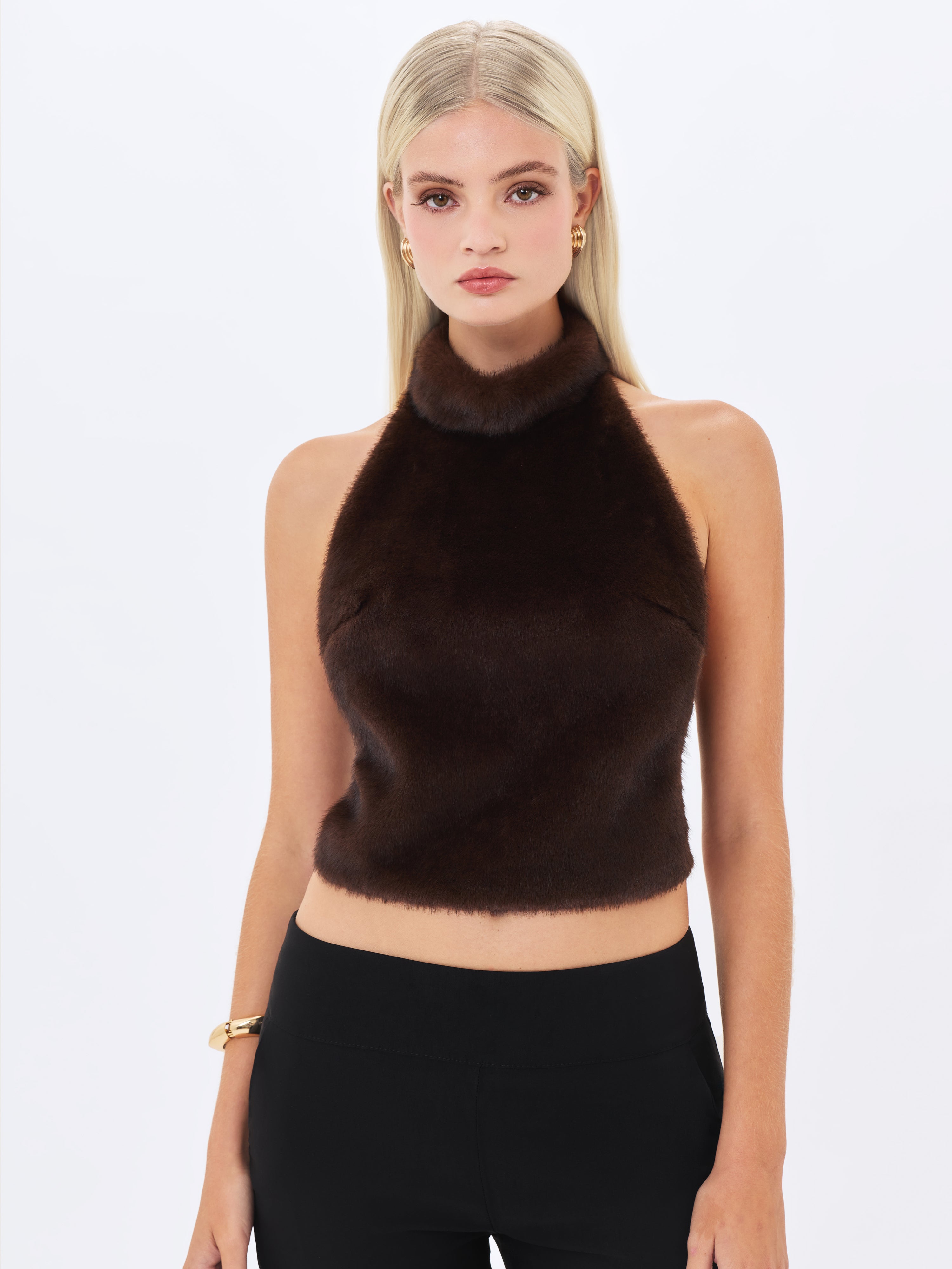 Xeriah Espresso Faux Mink Fur Backless Halter Top