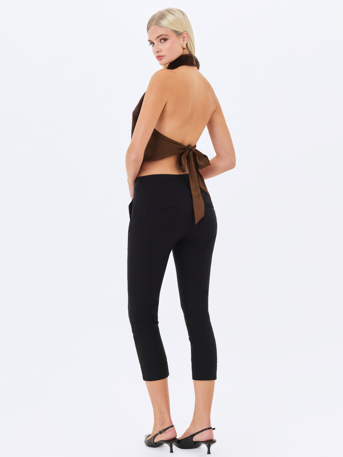 Xeriah Espresso Faux Mink Fur Backless Halter Top