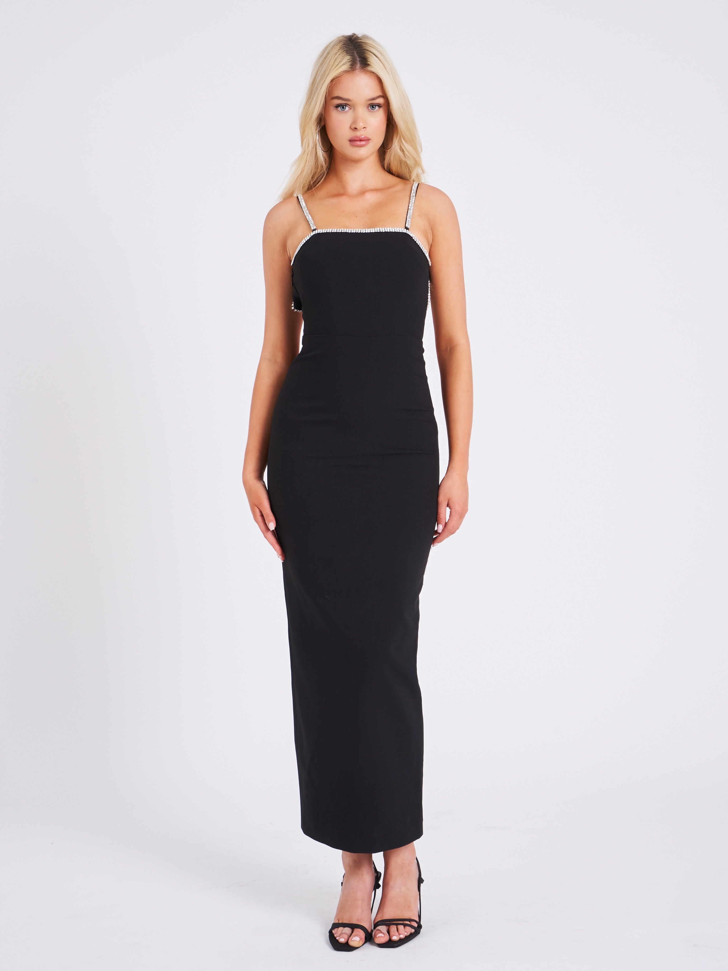 Flore Black Crystal Straps Backless Gown With Bow Flore Black Crystal Straps Backless Gown With Bow