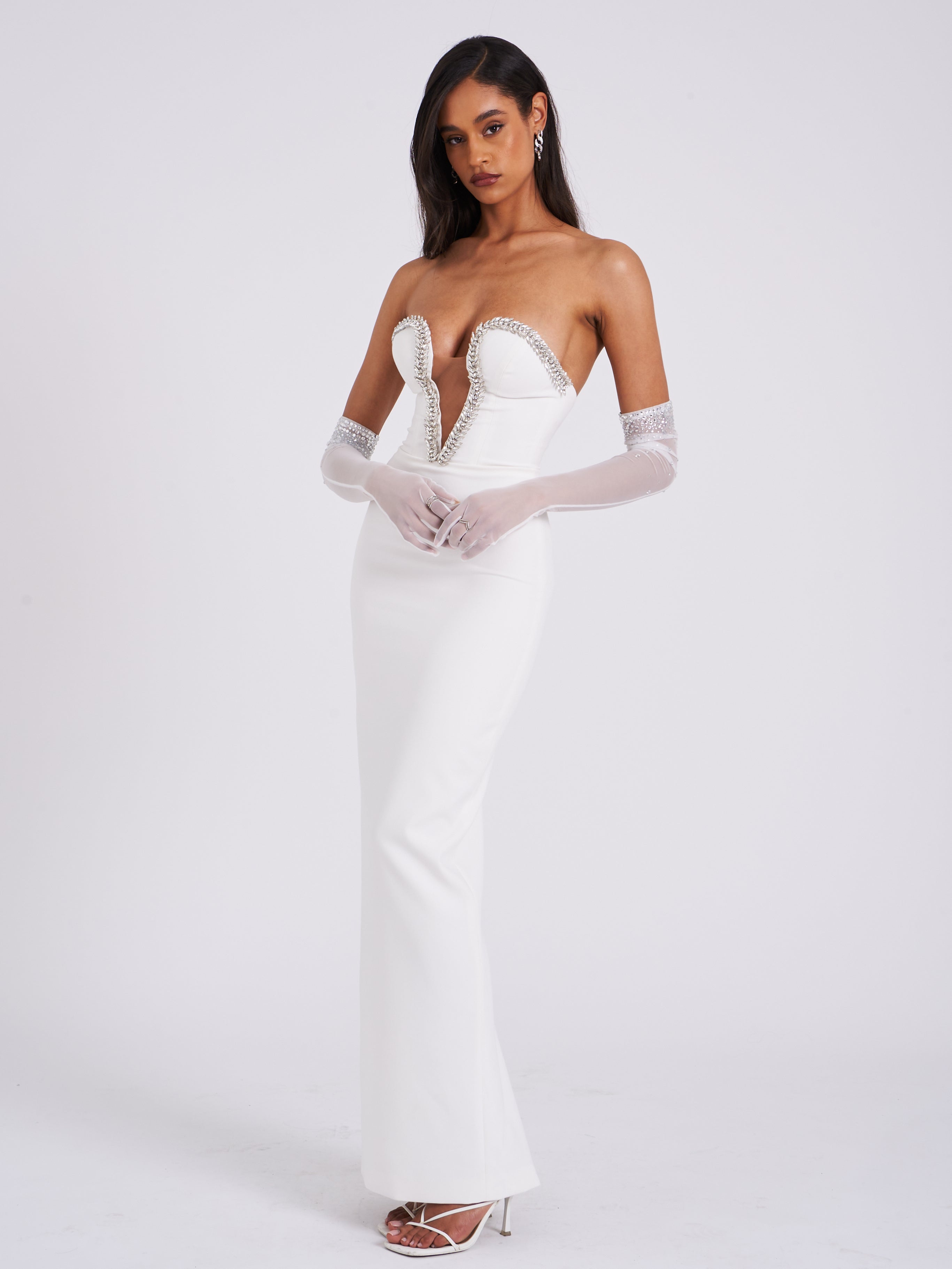 Izzy White Crystal Opera-length Gloves