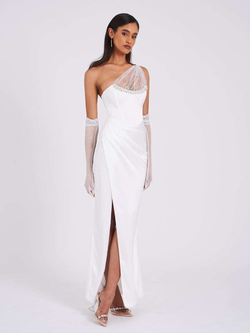 Lora White Crystal Embellished Mesh Satin Corset Gown