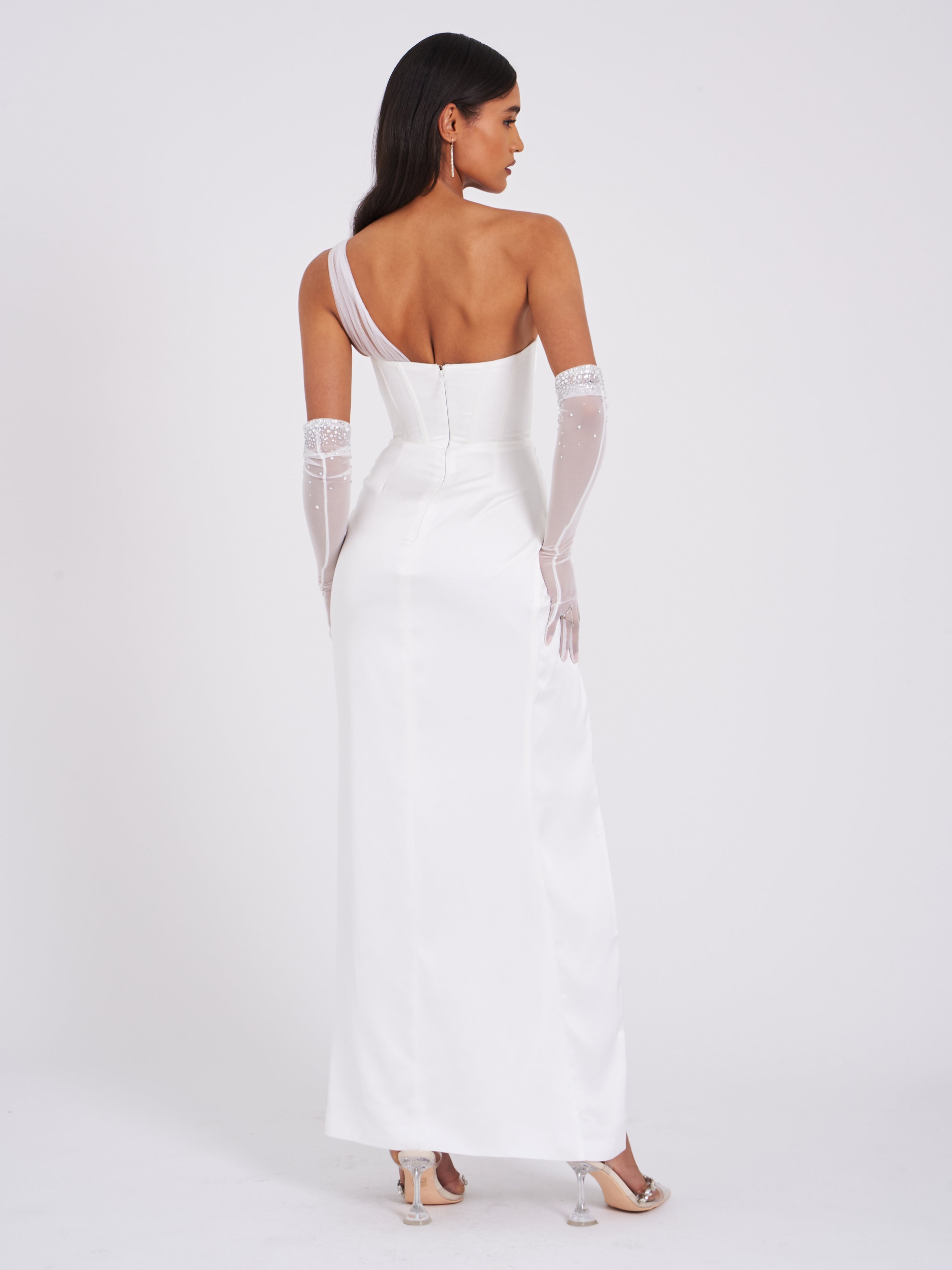 Lora White Crystal Embellished Mesh Satin Corset Gown