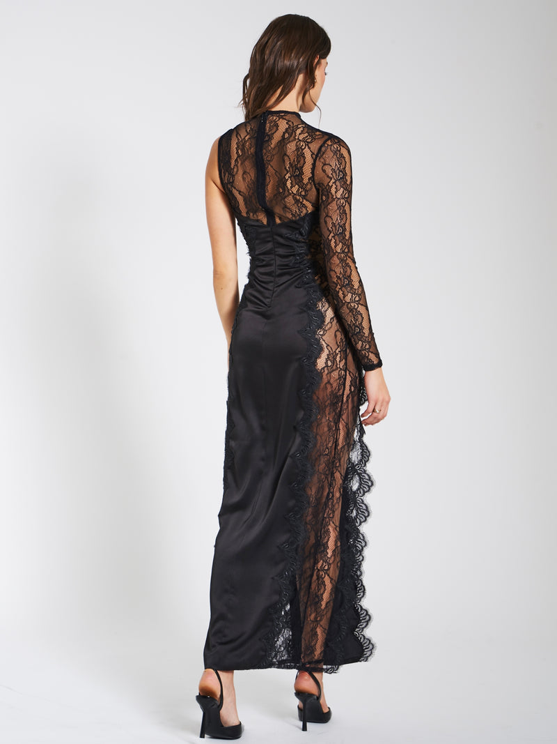 Weslyn Black Satin Lace High Slit Dress – Miss Circle