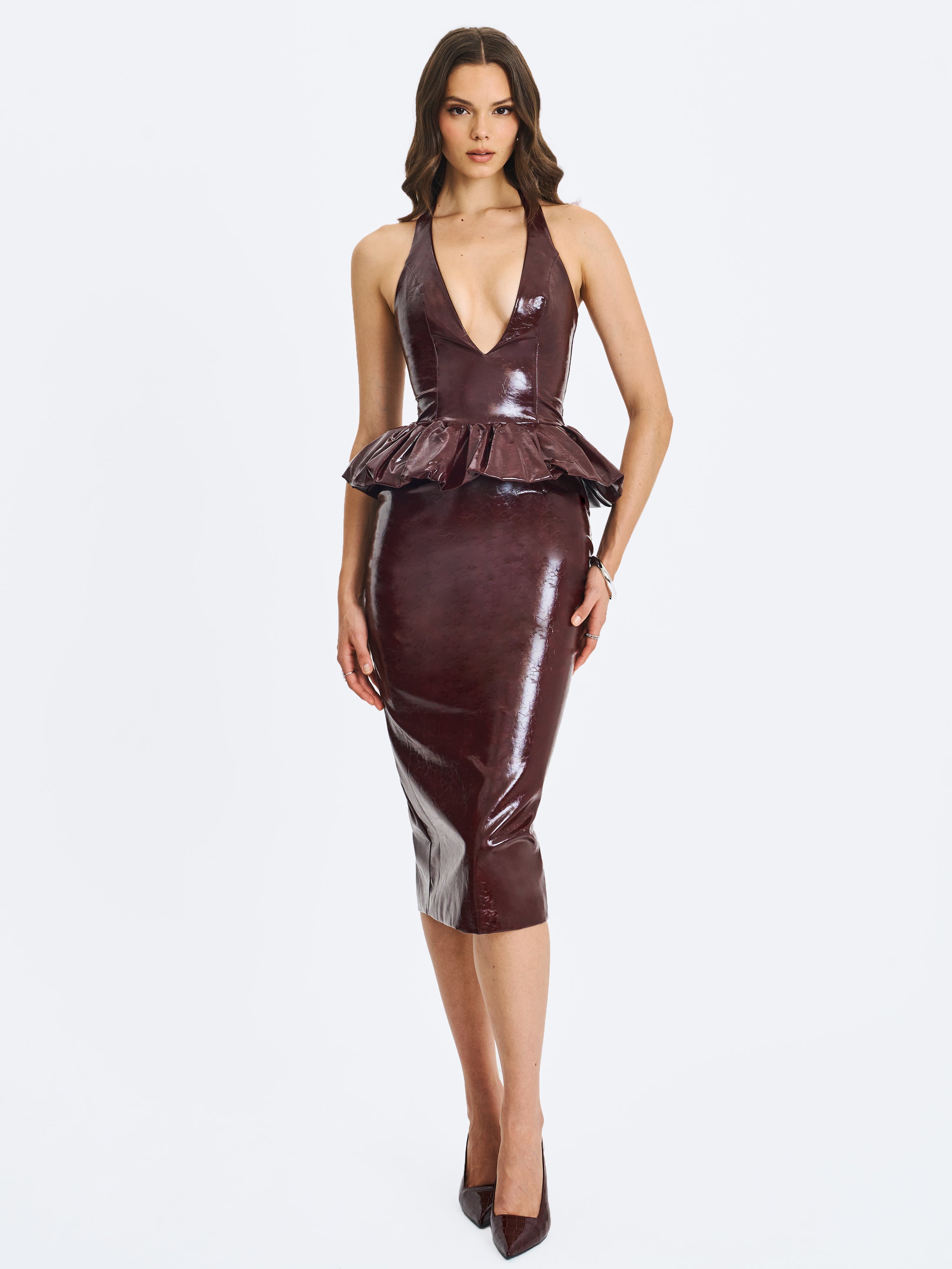 Jaslene Mahogany Ruched Peplum Plunge Halter Midi Dress