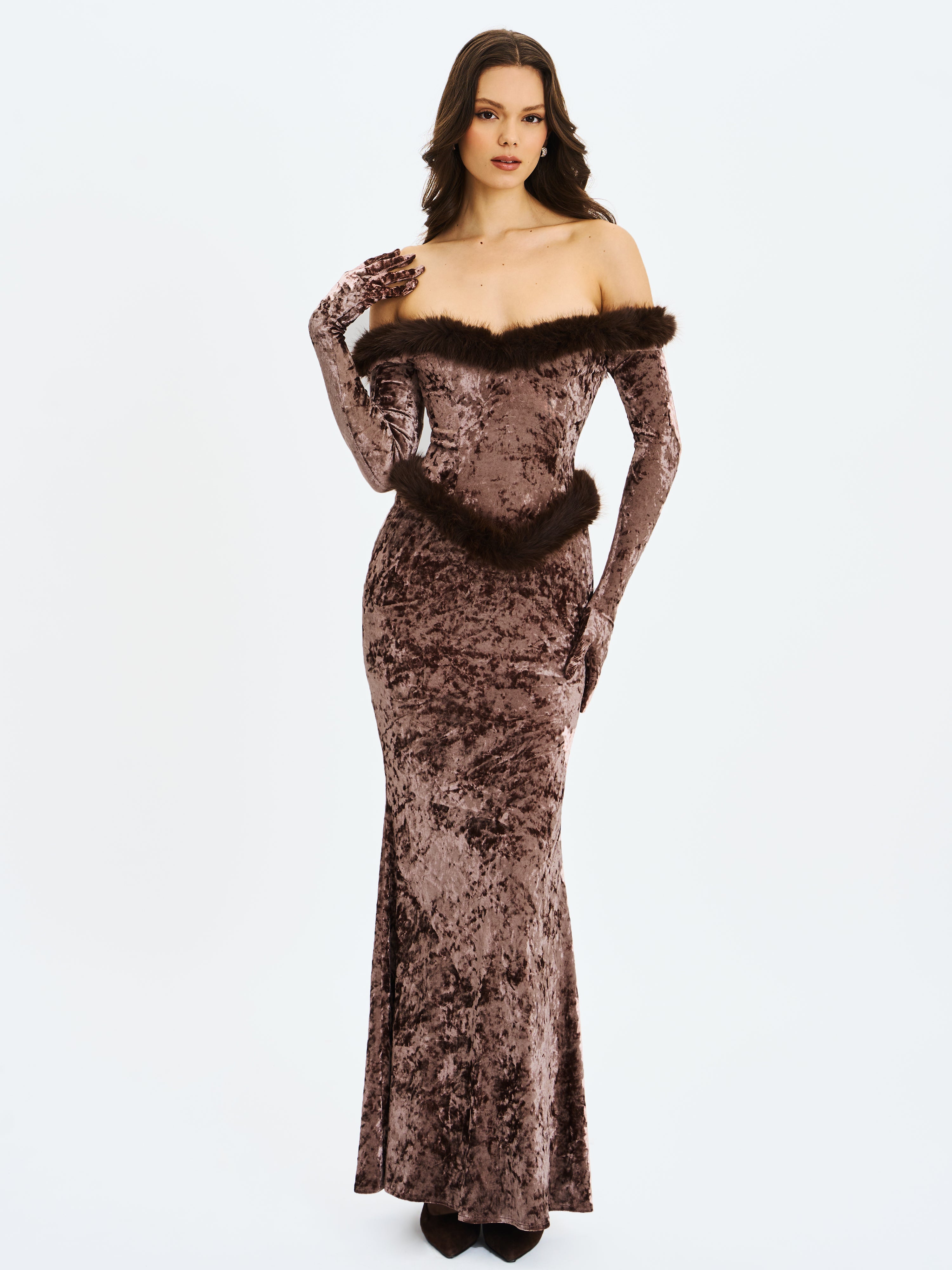 Tessa Coffee Sweetheart Bardot Faux Fur Velvet Mermaid Maxi Dress