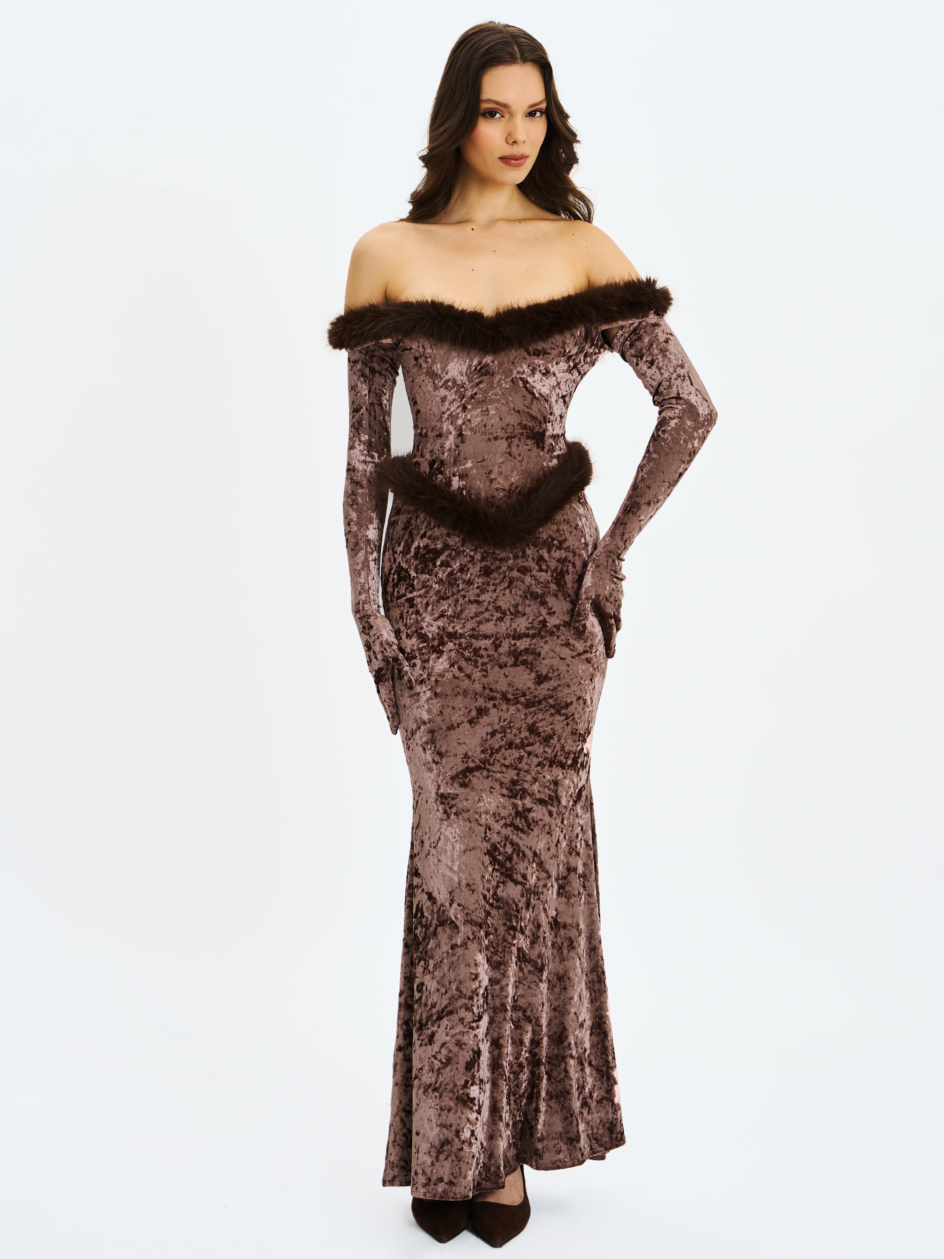 Tessa Coffee Sweetheart Bardot Faux Fur Velvet Mermaid Maxi Dress