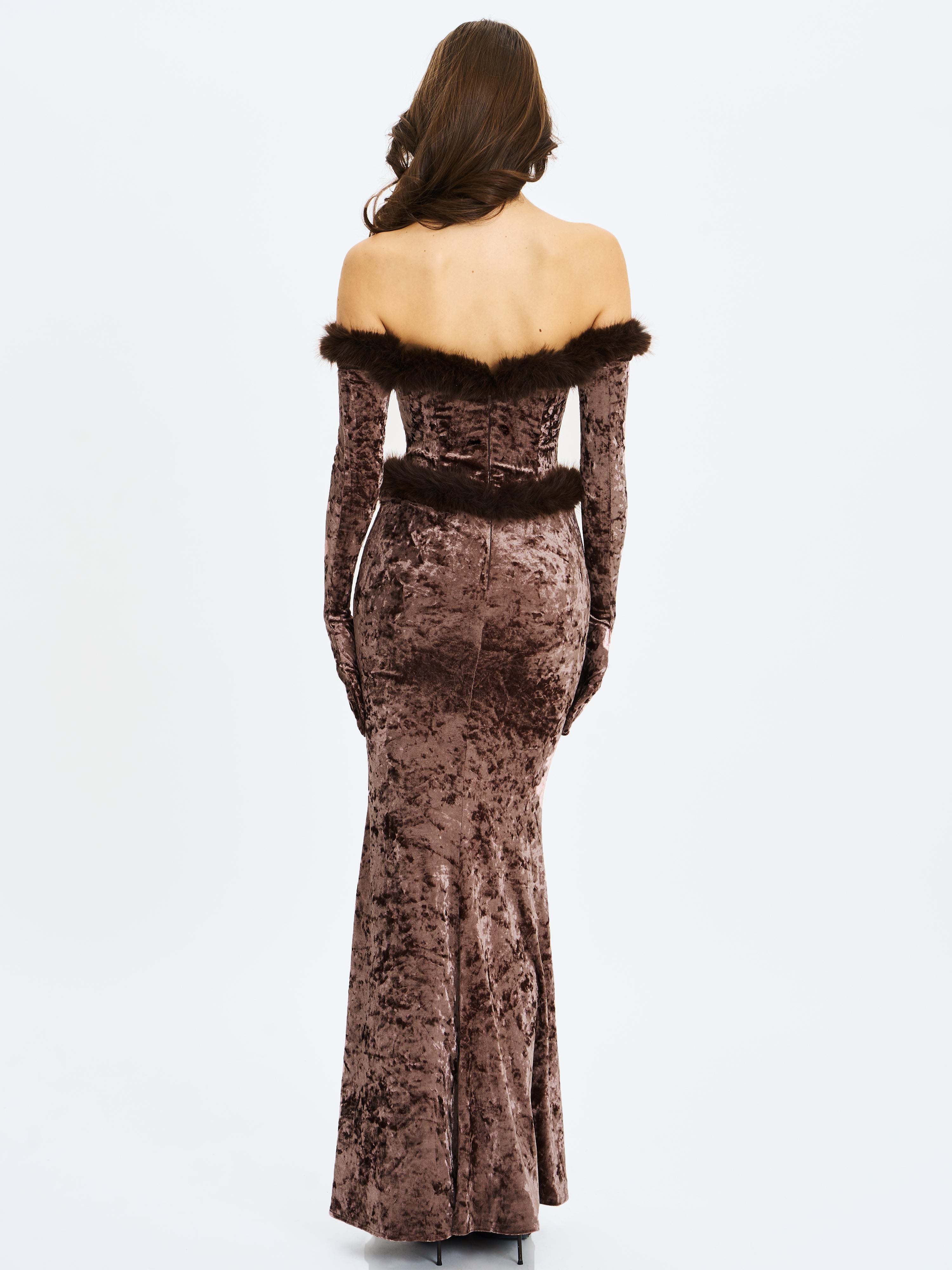 Tessa Coffee Sweetheart Bardot Faux Fur Velvet Mermaid Maxi Dress