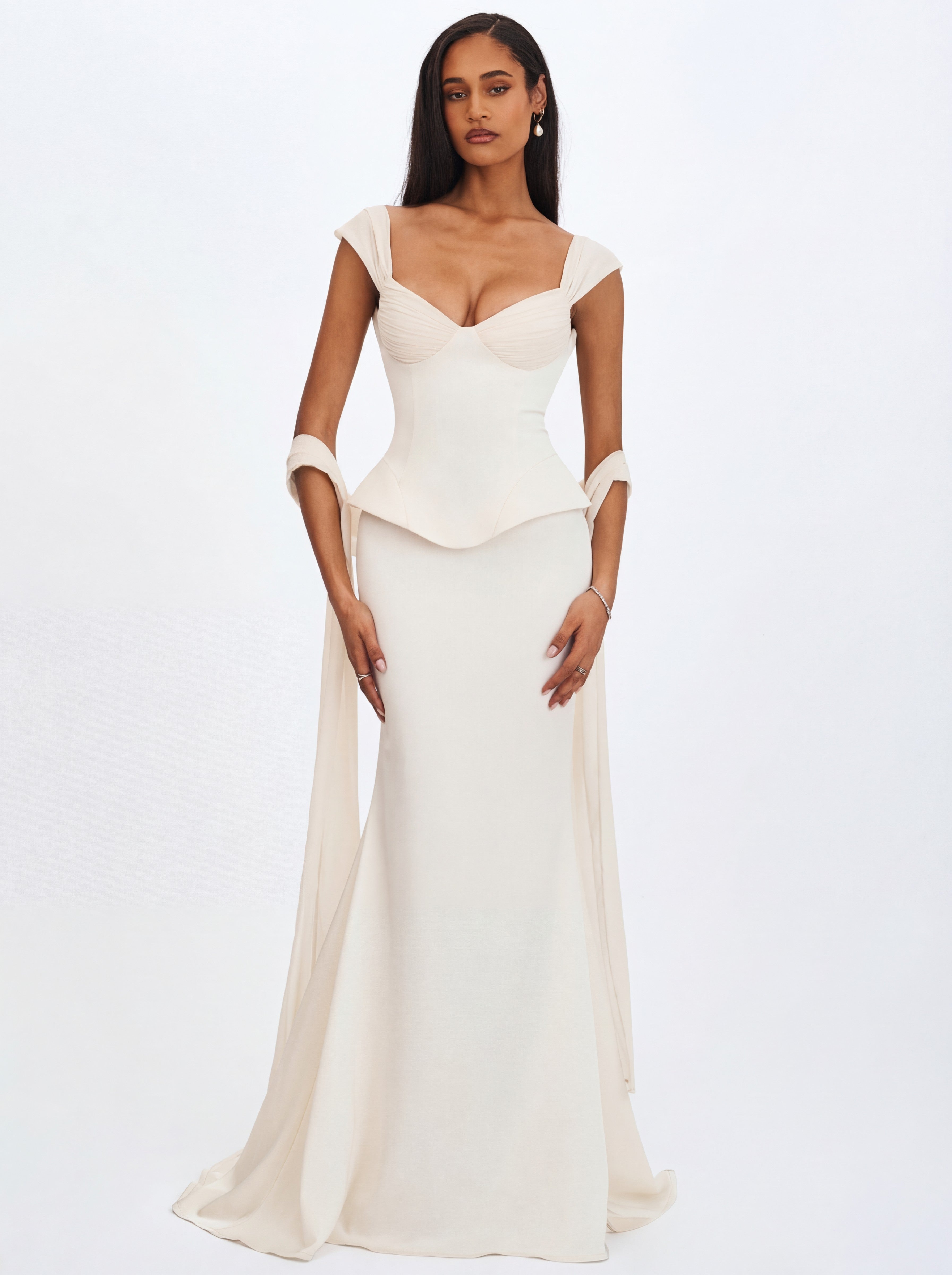 Jessalyn Ivory Sweetheart Peplum Mermaid Wedding Dress with Chiffon Scarf