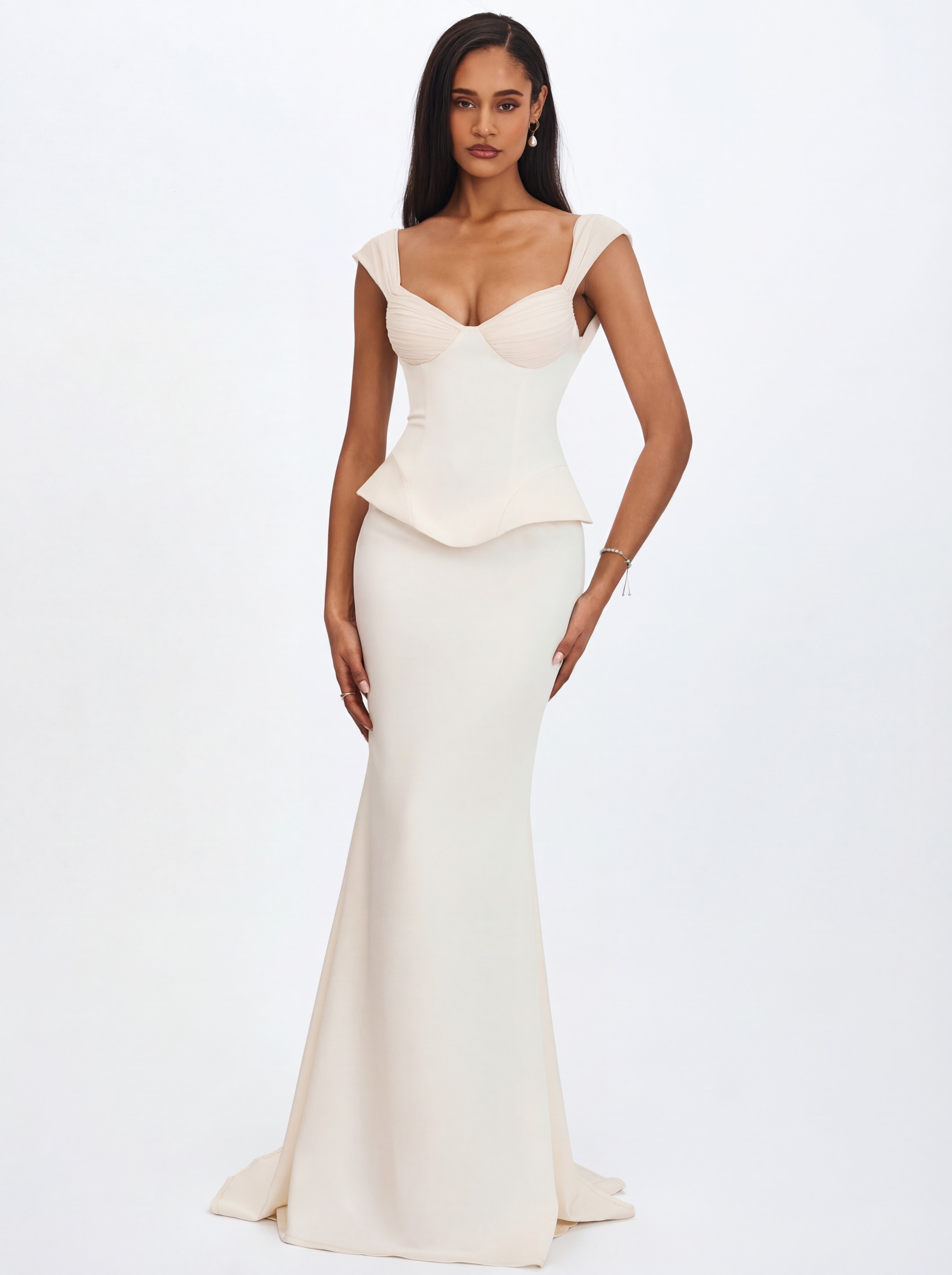 Jessalyn Ivory Sweetheart Peplum Mermaid Wedding Dress with Chiffon Scarf