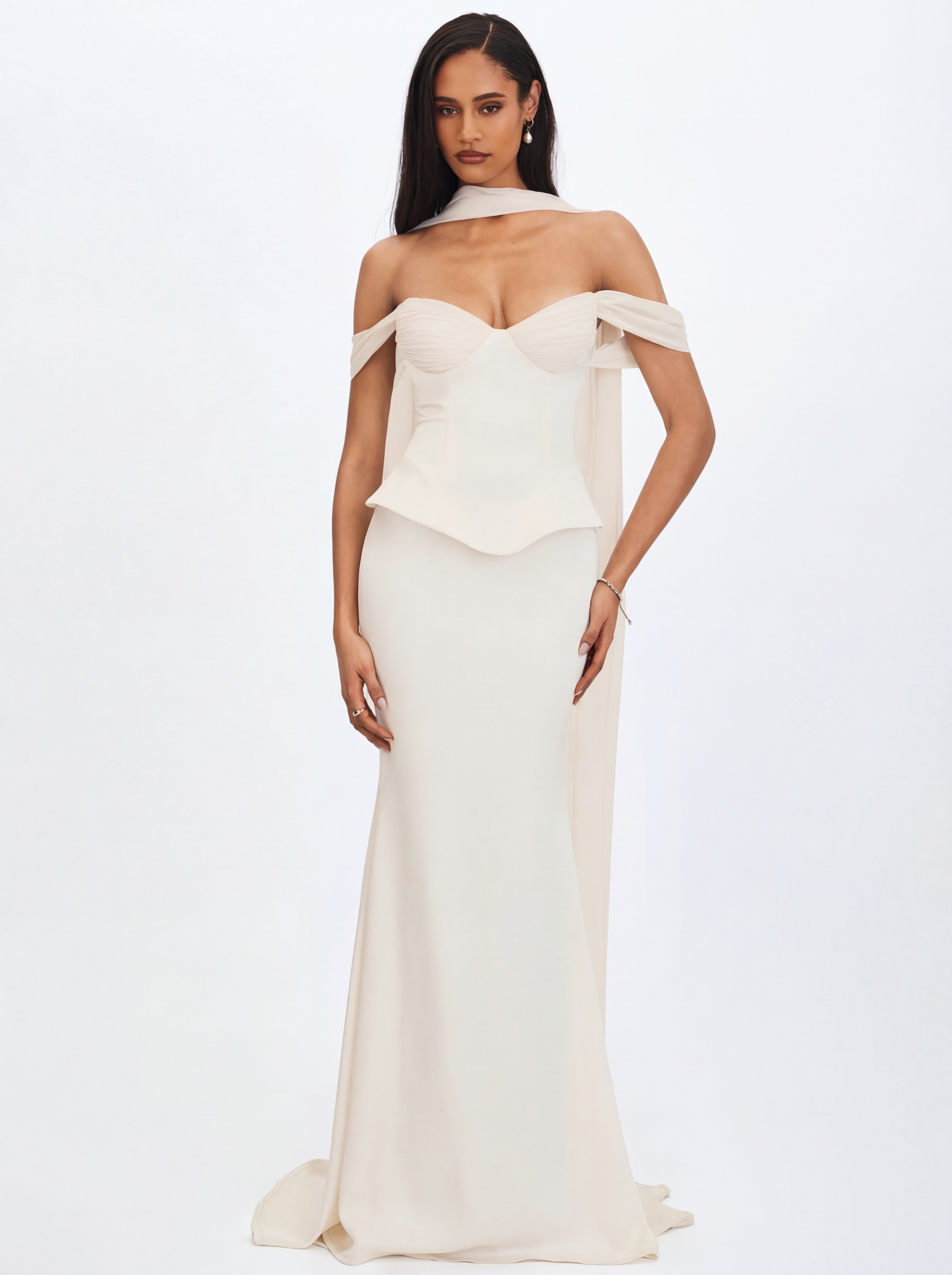 Jessalyn Ivory Sweetheart Peplum Mermaid Wedding Dress with Chiffon Scarf