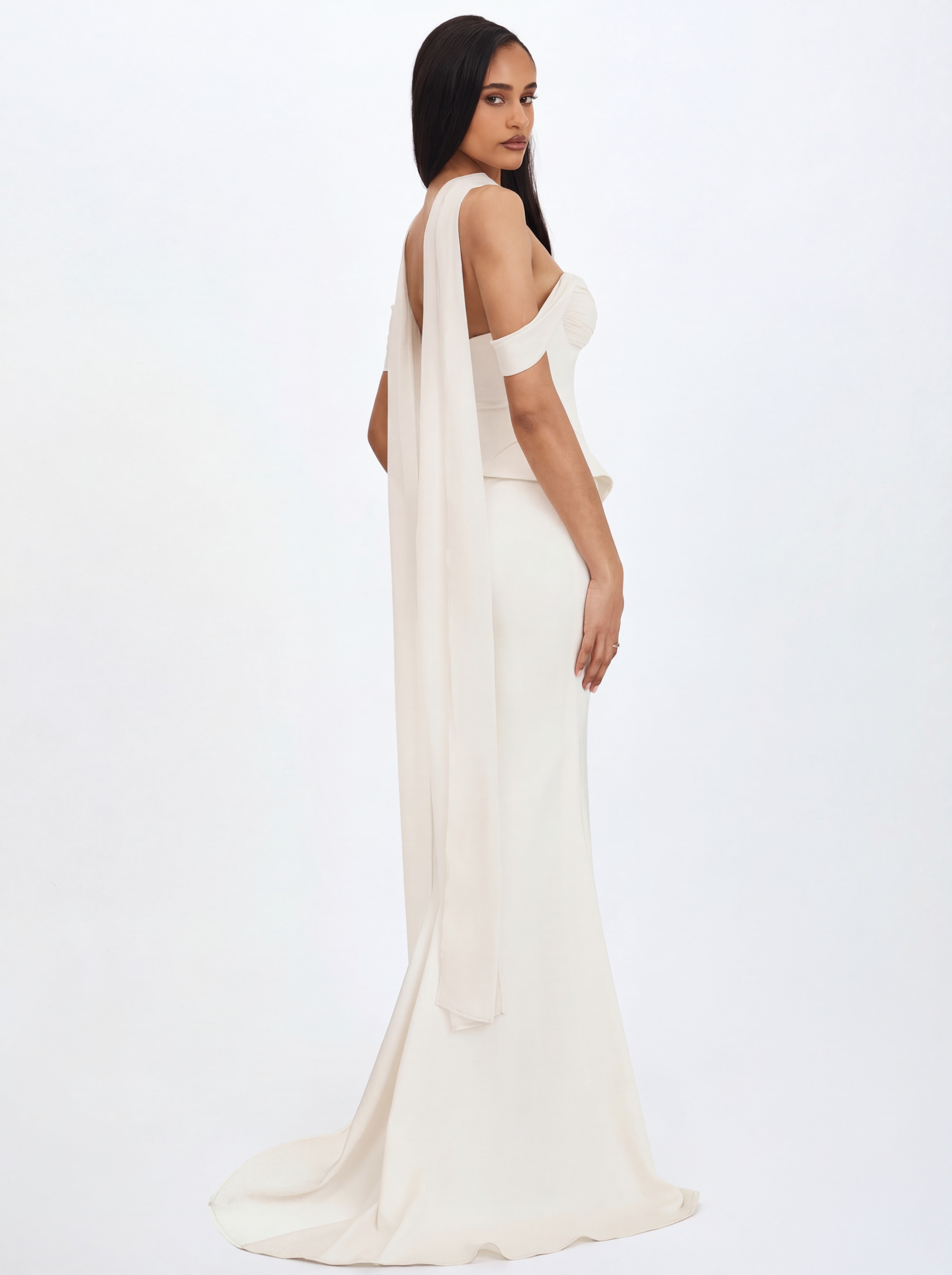 Jessalyn Ivory Sweetheart Peplum Mermaid Wedding Dress with Chiffon Scarf