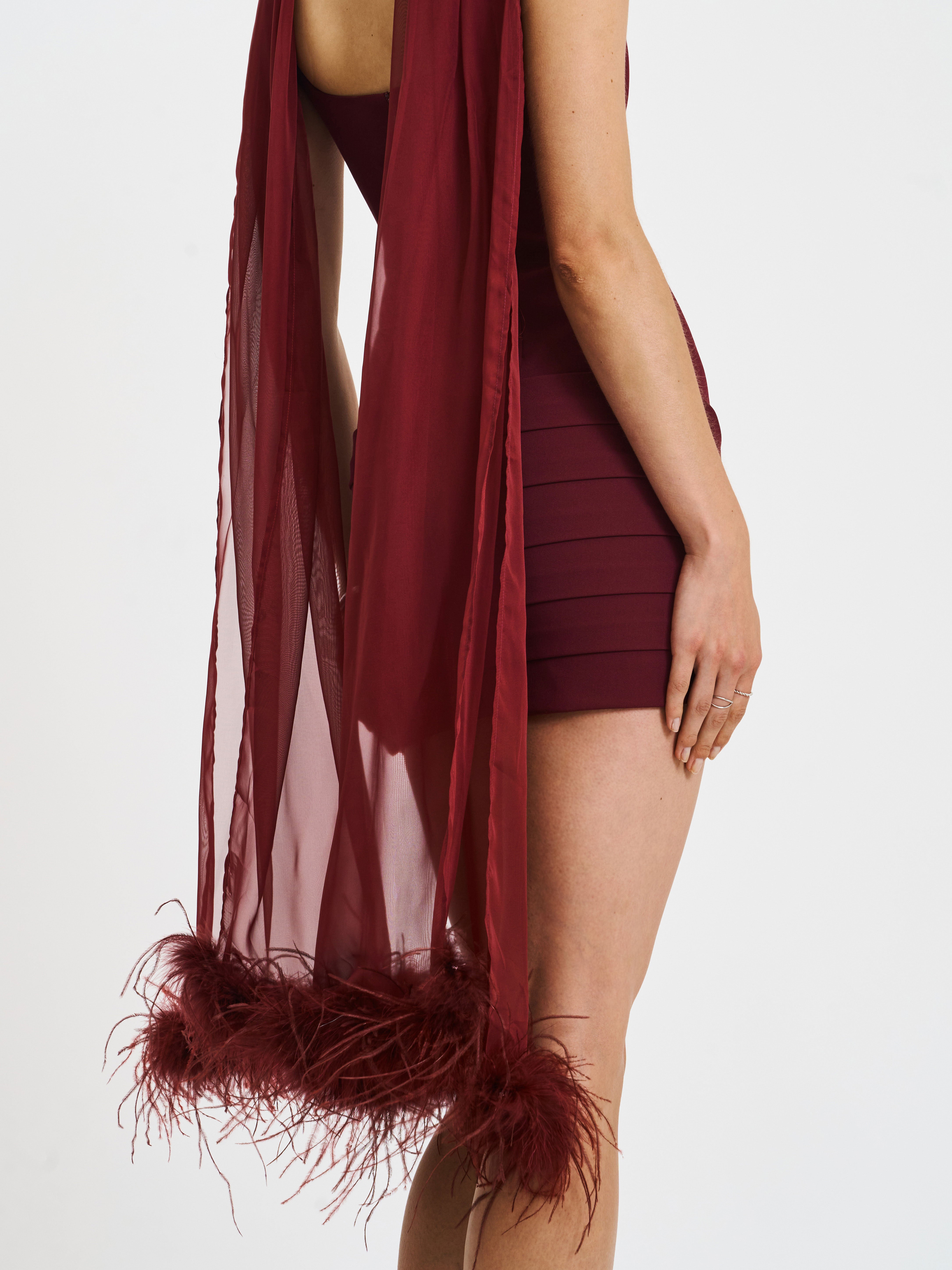 Tori Wine Red Pleated Mini Dress with Chiffon Scarf