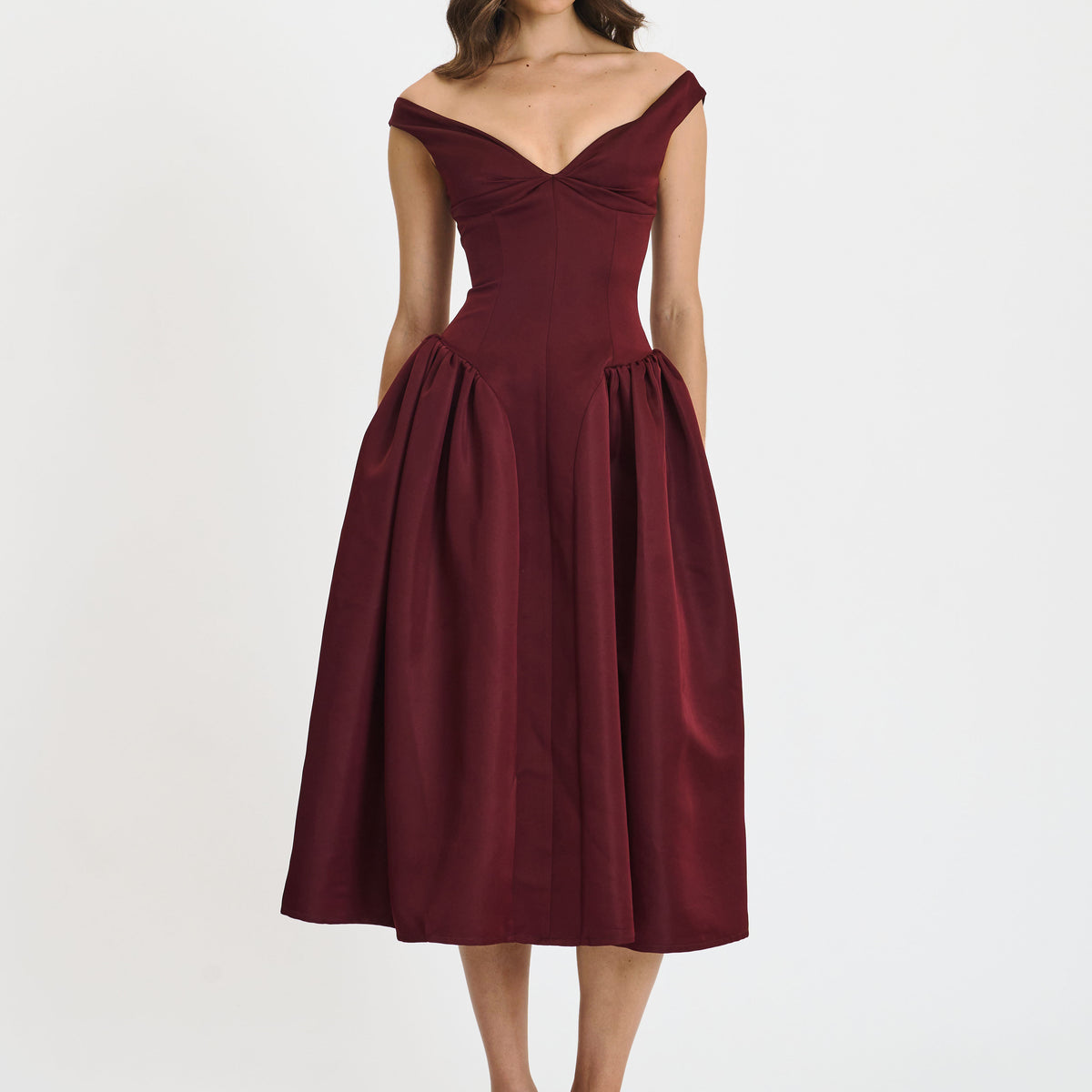 Miss Circle Women's Omella Burgundy Ruched Bust Sweetheart Flared Maxi Dress - Burgundy