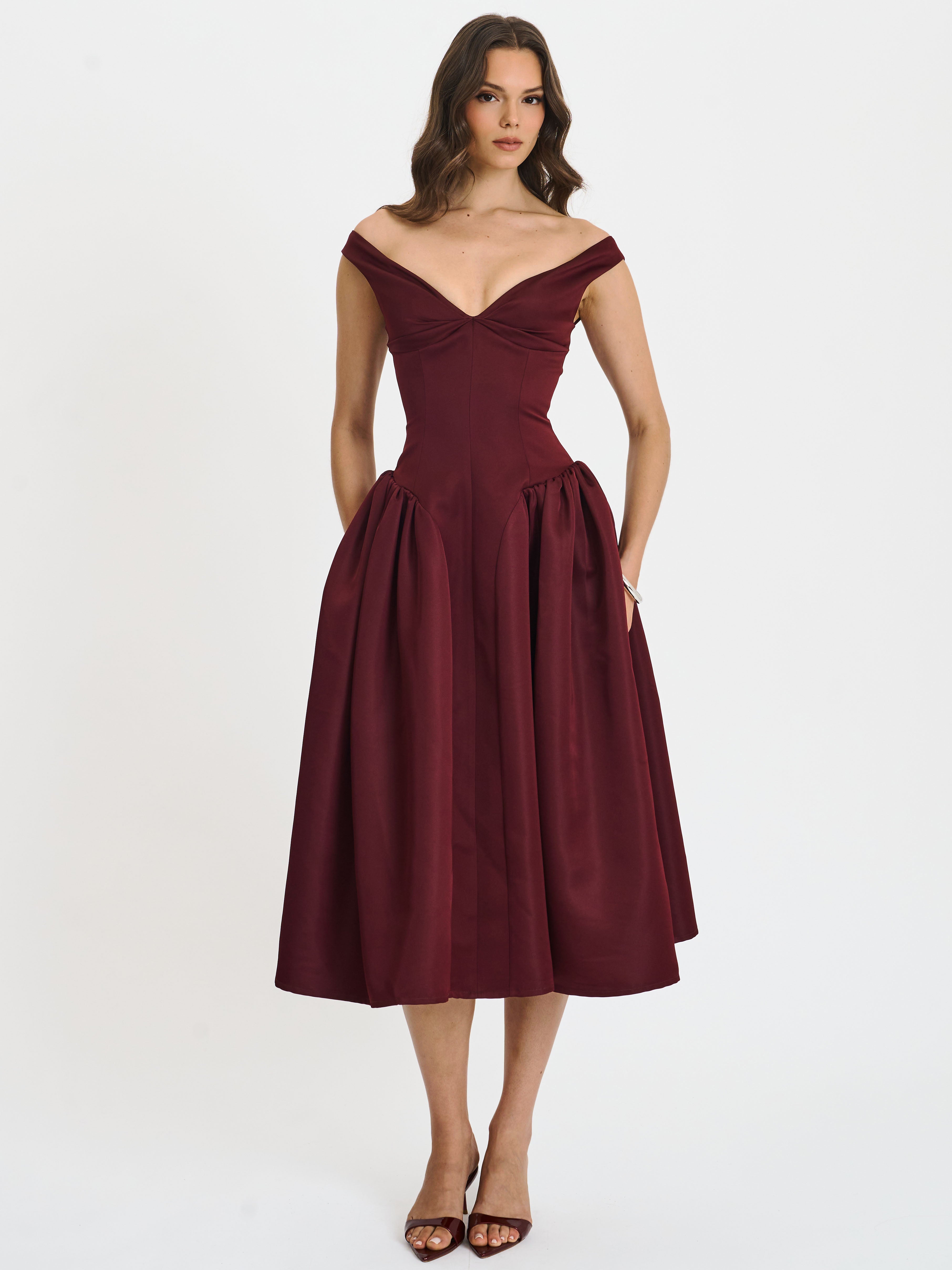 Omella Burgundy Ruched Bust Sweetheart Flared Maxi Dress