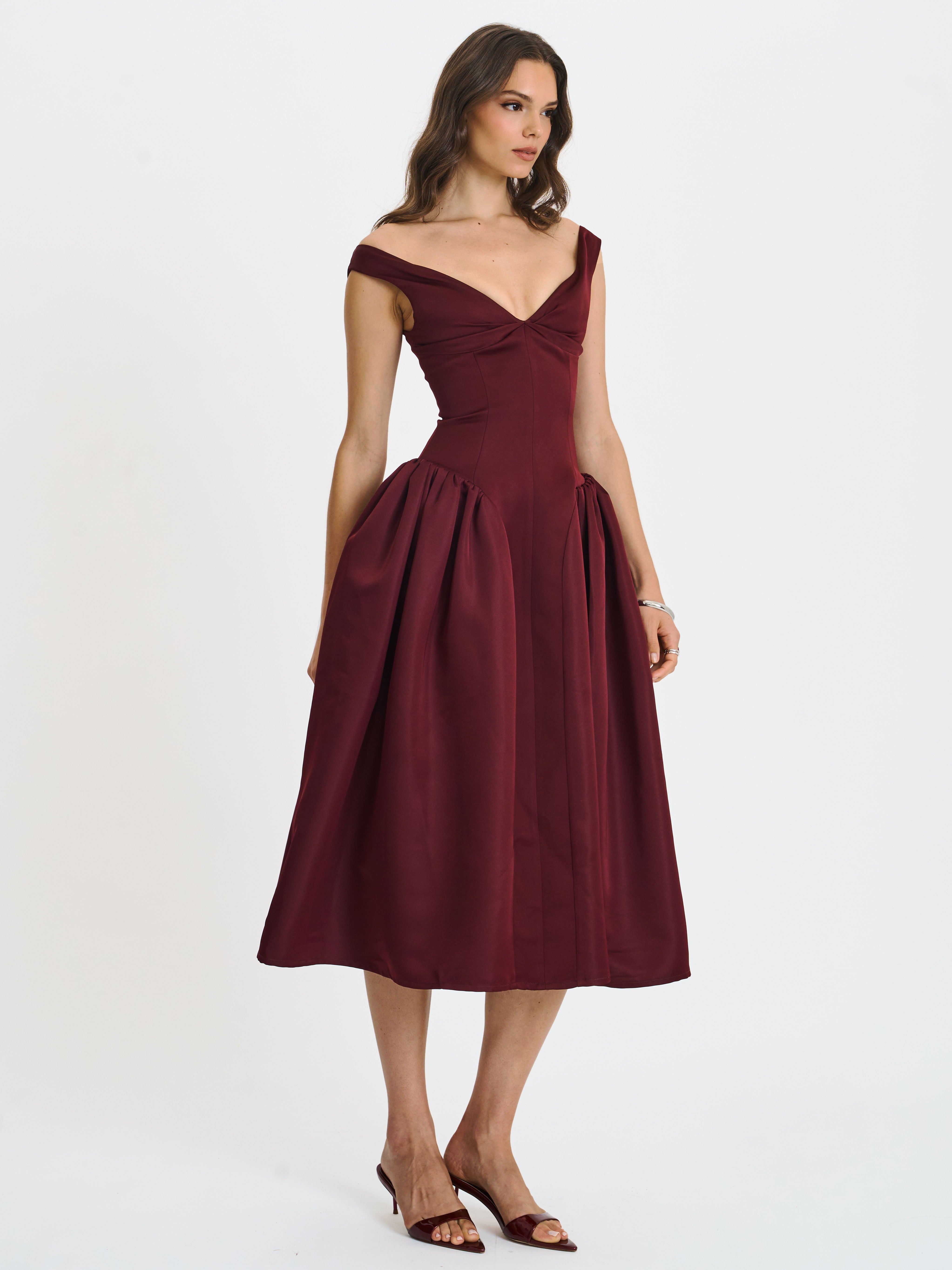 Omella Burgundy Ruched Bust Sweetheart Flared Maxi Dress