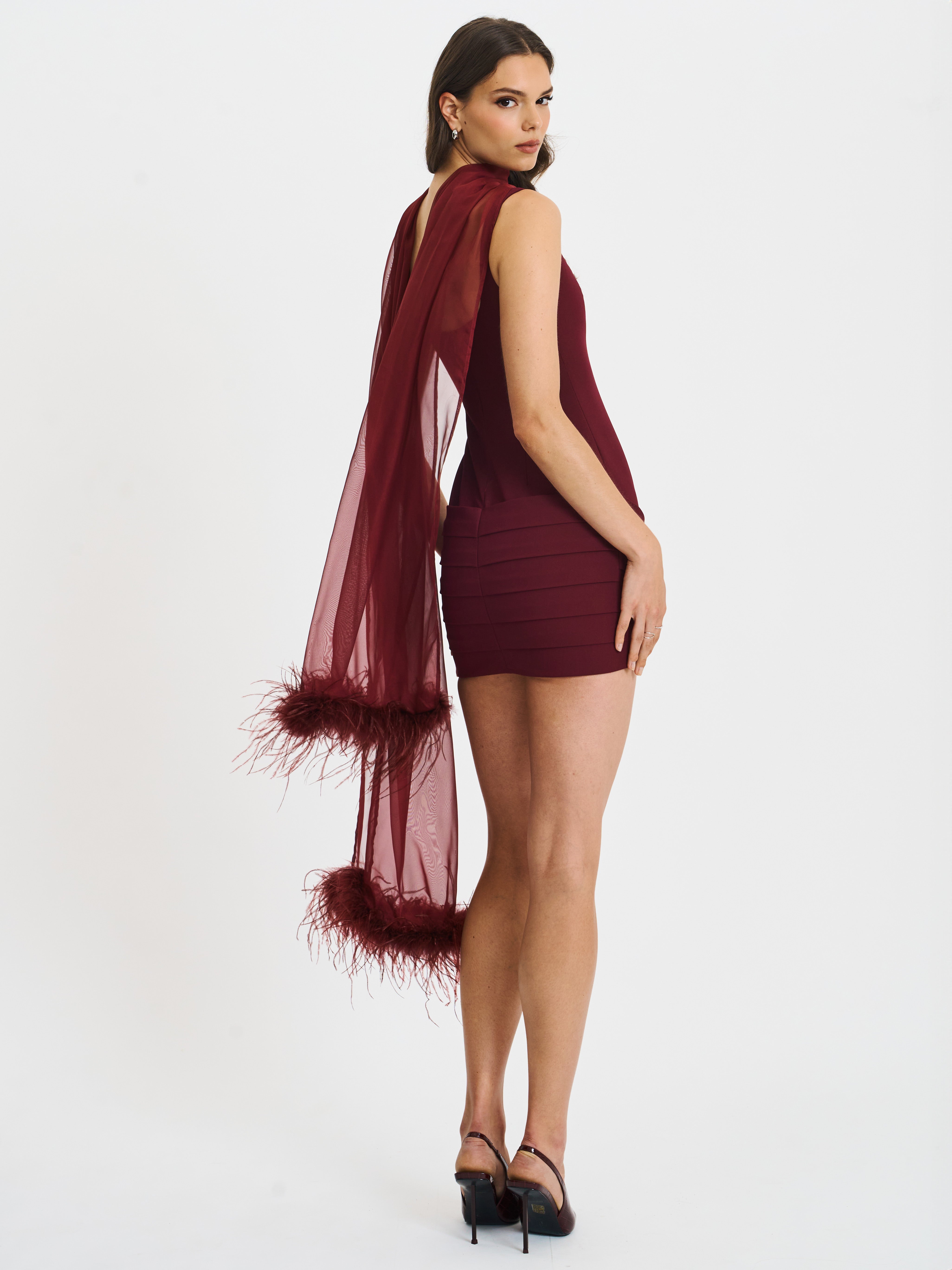 Tori Wine Red Pleated Mini Dress with Chiffon Scarf