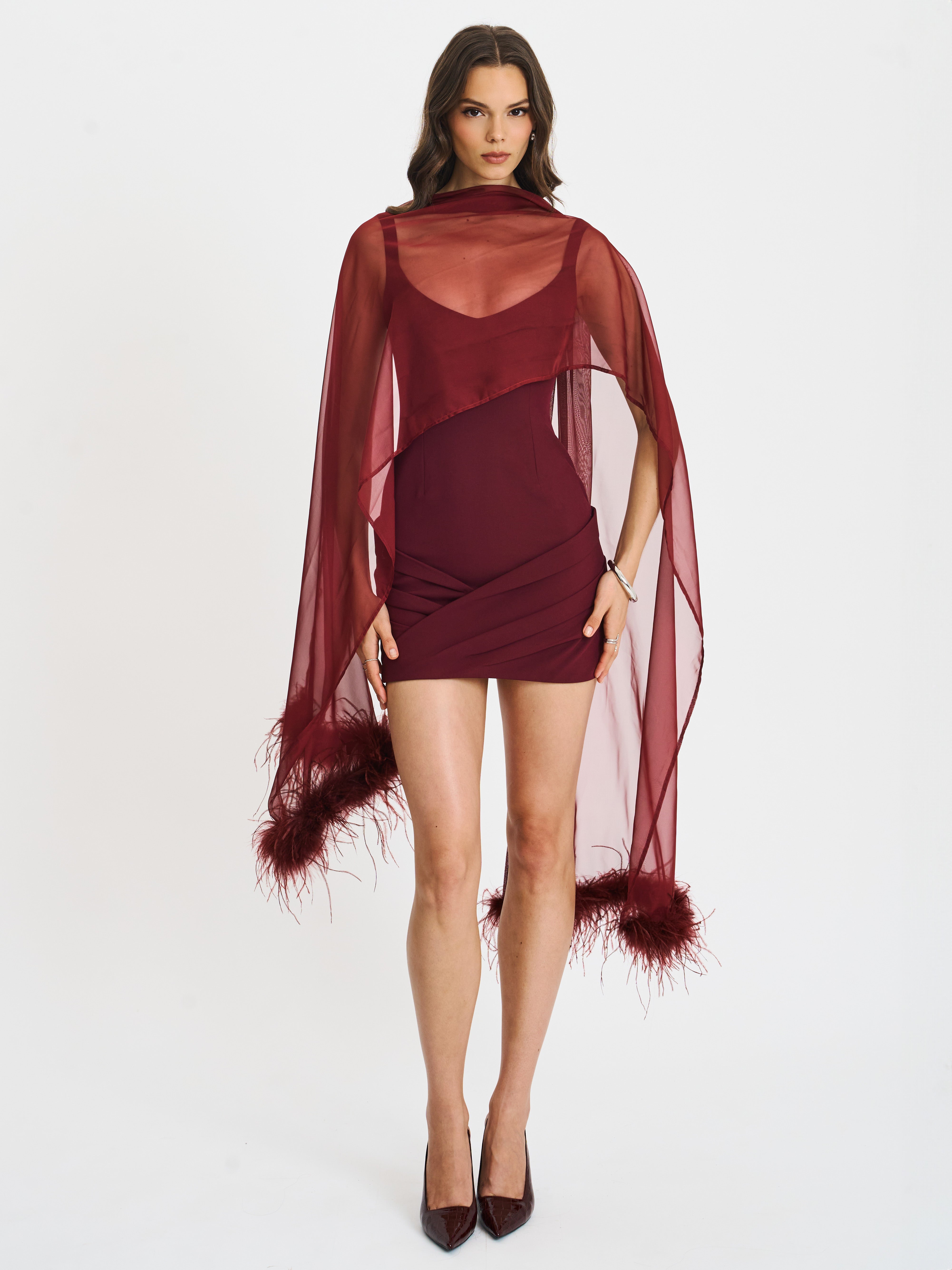 Tori Wine Red Pleated Mini Dress with Chiffon Scarf