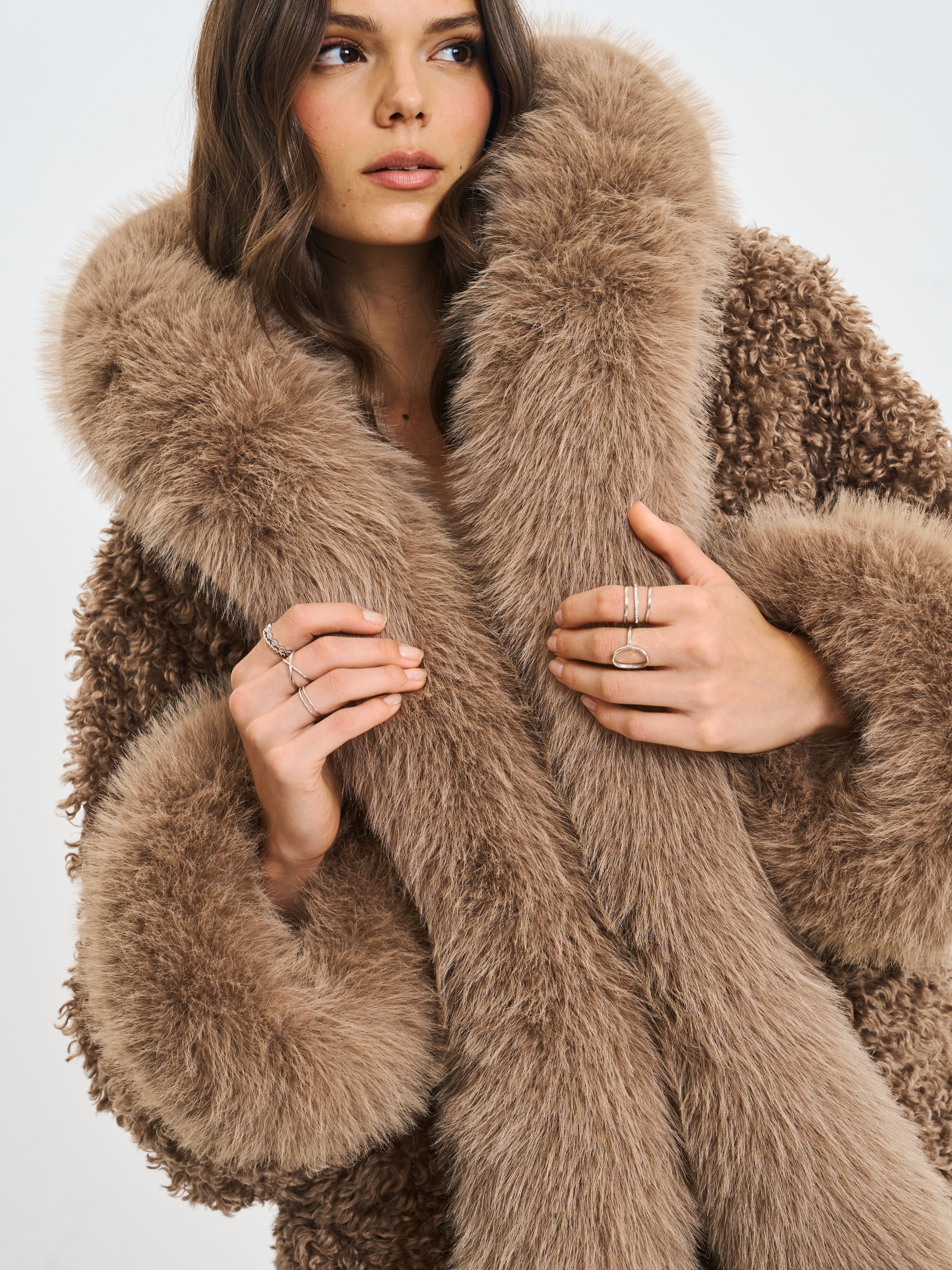 Jumbo Kali Camel Vegan Shearling Fur Trimmed Coat