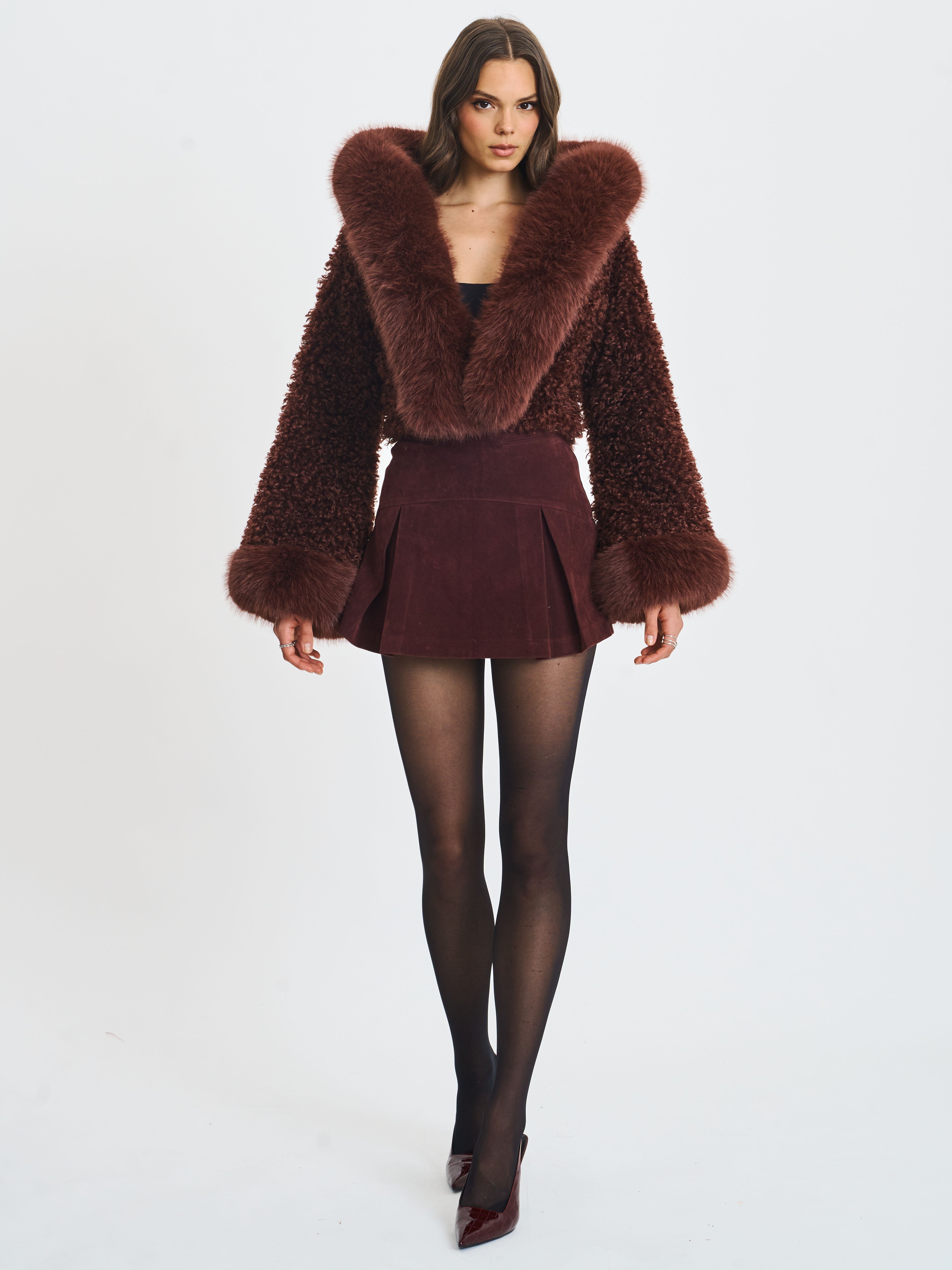 Kali Mahogany Cropped Vegan Shearling Fur Jacket