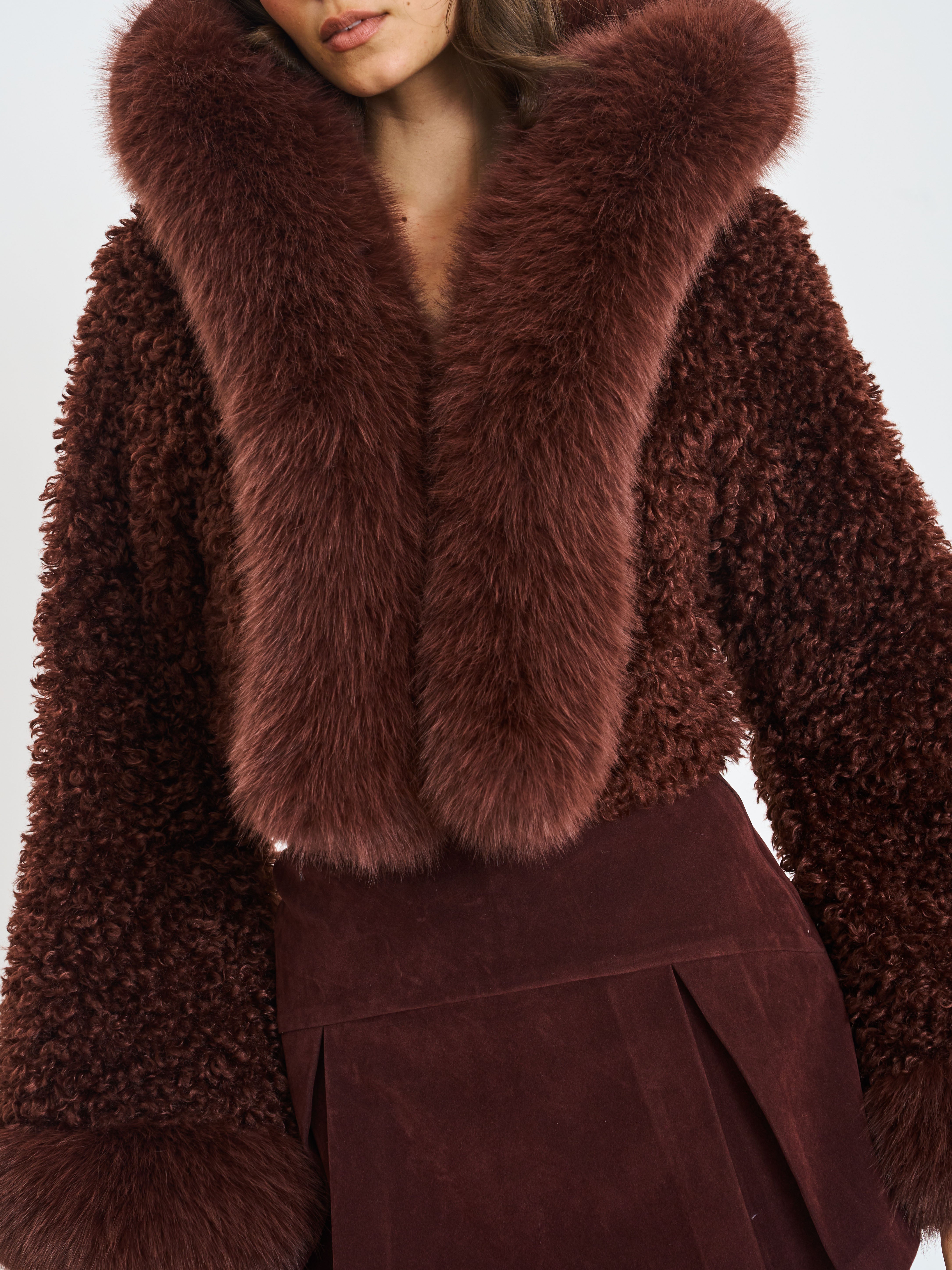 Kali Mahogany Cropped Vegan Shearling Fur Jacket